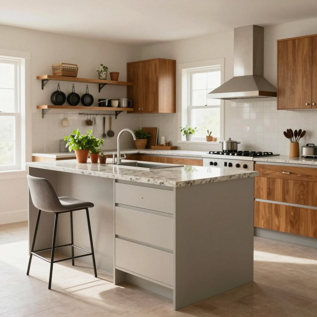 A sleek, modern multi-functional kitchen island sits prominently in the foreground, showcasing built-in shelves and drawers for smart storage solutions. The island features a polished granite countertop with a minimalistic design, complemented by stylish bar stools. In the middle ground, a compact, well-organized kitchen surrounds the island, highlighting efficient use of space with hanging pots, open shelves, and a touch of greenery from potted herbs. The background reveals bright, natural light streaming through a window, illuminating the warm tones of the cabinetry and the contemporary feel of the kitchen. The atmosphere is inviting and functional, perfect for inspiring creativity in a small kitchen remodel. Shot with a wide-angle lens to capture the entire space, emphasizing a clean and organized aesthetic.