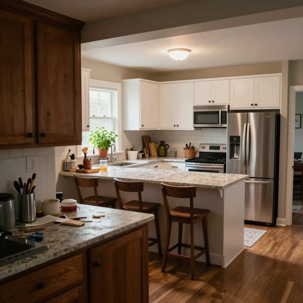 A small kitchen remodel transformation depicted in a striking before-and-after format. The foreground shows a cluttered, outdated kitchen with dark wooden cabinets, worn countertops, and a small window letting in limited light. The middle section features a beautifully remodeled kitchen, showcasing bright white cabinetry, modern stainless steel appliances, and an expansive quartz countertop with elegant bar stools. A fresh herb garden sits on the windowsill, adding greenery. In the background, soft ambient lighting enhances the cozy atmosphere, creating a desirable space that feels larger and more inviting. The angle is slightly elevated, capturing the full breadth of the transformation. No human subjects are present. The overall mood is uplifting and inspiring, highlighting the potential for small kitchens to achieve big transformations.