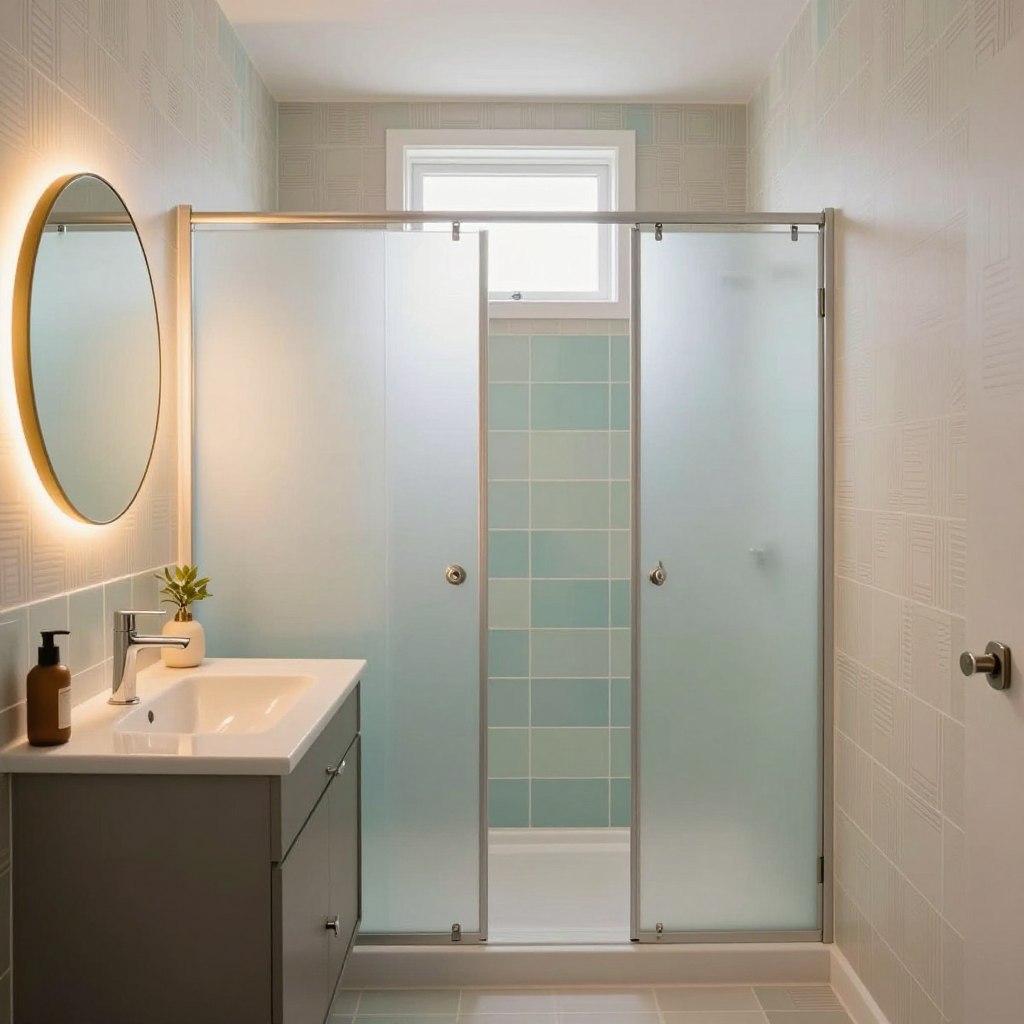 A small, stylish bathroom showcasing a modern color scheme that enhances the feeling of space. The foreground features a compact, sleek vanity with a round mirror, framed in gold, reflecting warm, ambient lighting that creates a cozy atmosphere. In the middle, a space-saving shower stall with frosted glass doors displays pastel tiles in soft blues and greens, harmonizing with the overall design. The background includes pale walls adorned with subtle, geometric wallpaper that adds depth without overwhelming the senses. Soft natural light streams in from a small frosted window, enhancing the lightness of the space. The mood is serene and inviting, making the small area feel expansive and chic. The image focuses on the elegant combination of color and pattern, illustrating effective strategies for visual expansion in bathroom designs. A small, stylish bathroom showcasing a modern color scheme that enhances the feeling of space. The foreground features a compact, sleek vanity with a round mirror, framed in gold, reflecting warm, ambient lighting that creates a cozy atmosphere. In the middle, a space-saving shower stall with frosted glass doors displays pastel tiles in soft blues and greens, harmonizing with the overall design. The background includes pale walls adorned with subtle, geometric wallpaper that adds depth without overwhelming the senses. Soft natural light streams in from a small frosted window, enhancing the lightness of the space. The mood is serene and inviting, making the small area feel expansive and chic. The image focuses on the elegant combination of color and pattern, illustrating effective strategies for visual expansion in bathroom designs.