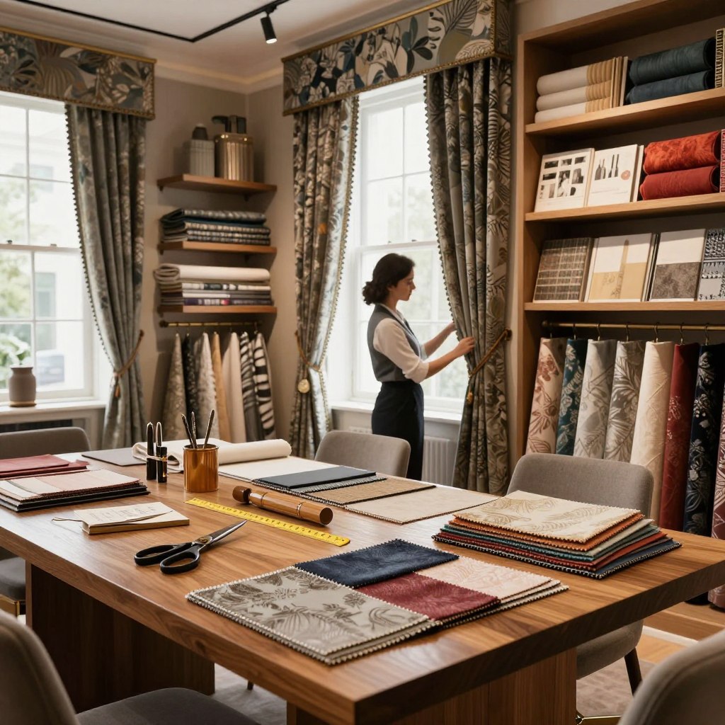 A sophisticated custom luxury window treatment workroom, showcasing an elegant array of fabric swatches and samples in rich textures and colors. In the foreground, a large wooden work table is cluttered with measuring tools, scissors, and elegant drapery samples, artfully arranged. In the middle, a seamstress in professional attire meticulously crafts intricate curtains, surrounded by tall shelves filled with various premium fabrics and design books. The background features large windows with natural light pouring in, illuminating the space and casting soft shadows. The overall atmosphere is one of creativity and elegance, reflecting a dedication to high-end interior design. Soft, ambient lighting enhances the luxurious feel, captured with a shallow depth of field to emphasize the craftsmanship in the foreground. A sophisticated custom luxury window treatment workroom, showcasing an elegant array of fabric swatches and samples in rich textures and colors. In the foreground, a large wooden work table is cluttered with measuring tools, scissors, and elegant drapery samples, artfully arranged. In the middle, a seamstress in professional attire meticulously crafts intricate curtains, surrounded by tall shelves filled with various premium fabrics and design books. The background features large windows with natural light pouring in, illuminating the space and casting soft shadows. The overall atmosphere is one of creativity and elegance, reflecting a dedication to high-end interior design. Soft, ambient lighting enhances the luxurious feel, captured with a shallow depth of field to emphasize the craftsmanship in the foreground.