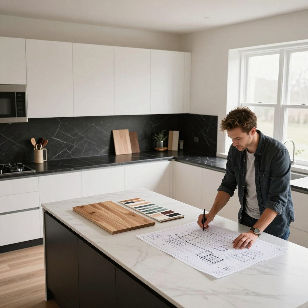A spacious, modern kitchen renovation planning scene featuring white oak cabinets and sleek black accents. In the foreground, a professional designer in smart casual attire is analyzing blueprints spread over a stylish island with a minimalist design. In the middle ground, there are samples of white oak wood and black granite atop a chic countertop, with color swatches displayed neatly beside them. The background features a bright, airy space with large windows allowing natural light to flood in, illuminating the meticulous planning process. The atmosphere is creative and focused, with a sense of collaboration in the air. The lighting is soft and warm, enhancing the organic feel of the materials. The camera angle captures the workspace at a slight overhead perspective, showcasing the layout and design elements effectively.