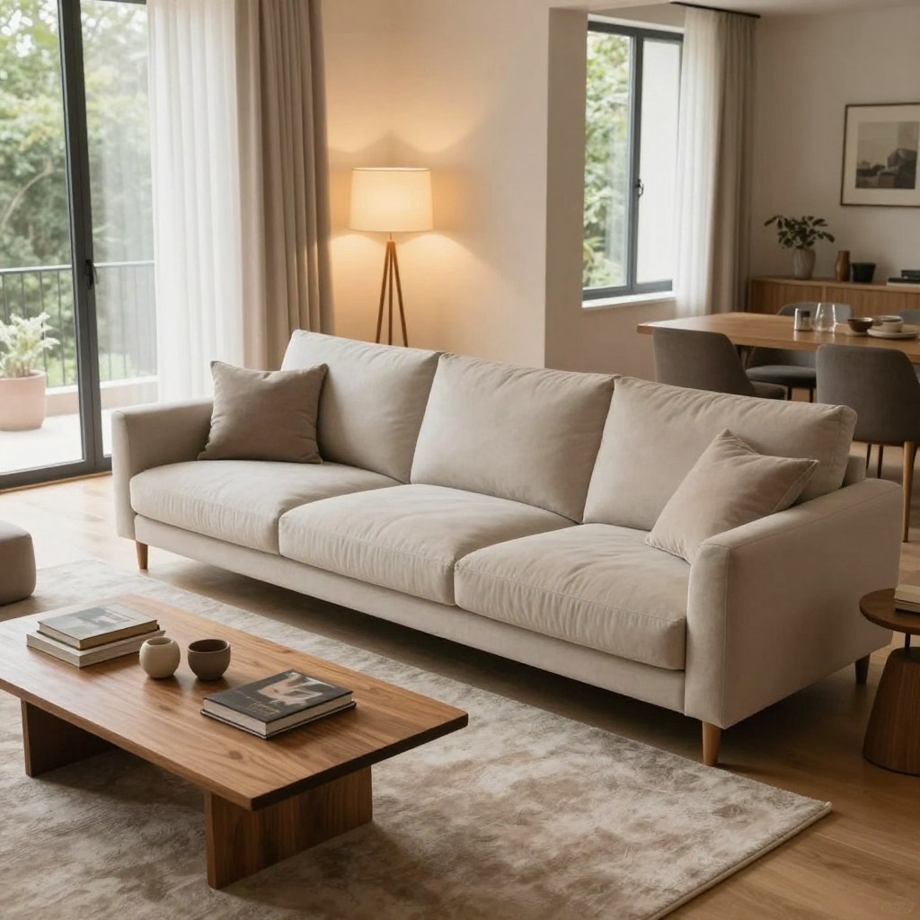 A spacious, modern living room featuring a large, stylish sofa as the focal point. The sofa is upholstered in a soft, neutral fabric, with ample cushions and a sleek silhouette, perfectly proportioned for an open concept space. In the foreground, a plush area rug complements the sofa, while a wooden coffee table rests atop it, neatly arranged with books and decorative items. In the middle ground, a floor lamp with warm lighting casts a cozy glow, enhancing the inviting atmosphere. The background showcases large windows allowing natural light to flood the room, framed by sheer curtains and revealing a glimpse of greenery outside. The camera angle is slightly from above, highlighting the spacious layout and harmonious balance of furniture pieces. The mood is warm and welcoming, ideal for relaxation and social gatherings.