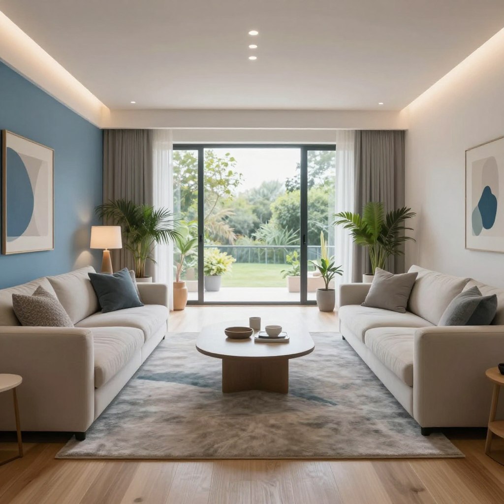 A spacious modern open concept living room featuring a calming color palette of soft blues, creams, and gentle grays. In the foreground, a plush light-colored sofa is adorned with textured cushions, positioned around a minimalist coffee table. In the middle, an inviting area rug anchors the space, complemented by sleek wooden flooring. Large panoramic windows in the background flood the room with natural light, showcasing greenery outside. Subtle decorative elements like potted plants and wall art add elegance without overwhelming the design. The atmosphere is serene and relaxing, with warm ambient lighting diffusing softly from stylish light fixtures above. The overall perspective highlights the seamless flow of the room, creating a cohesive and tranquil environment ideal for modern living.