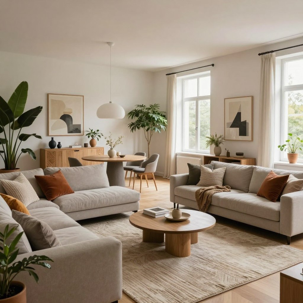 A spacious open-concept living room featuring clever placement techniques to define zones while maintaining an airy feel. In the foreground, a stylish sectional sofa, positioned to face a cozy coffee table, creating a conversational area. Lush indoor plants and a textured area rug add warmth to the aesthetic. In the middle ground, an elegantly defined dining space with a modern round table and chairs sits adjacent to the living area, separated by a decorative console table. The background showcases large windows allowing natural light to flood in, highlighting neutral color palettes with pops of color through decorative cushions and art pieces. The lighting is soft and inviting, emphasizing a relaxed, inviting atmosphere, with the image captured from a slightly elevated angle to enhance spatial awareness.