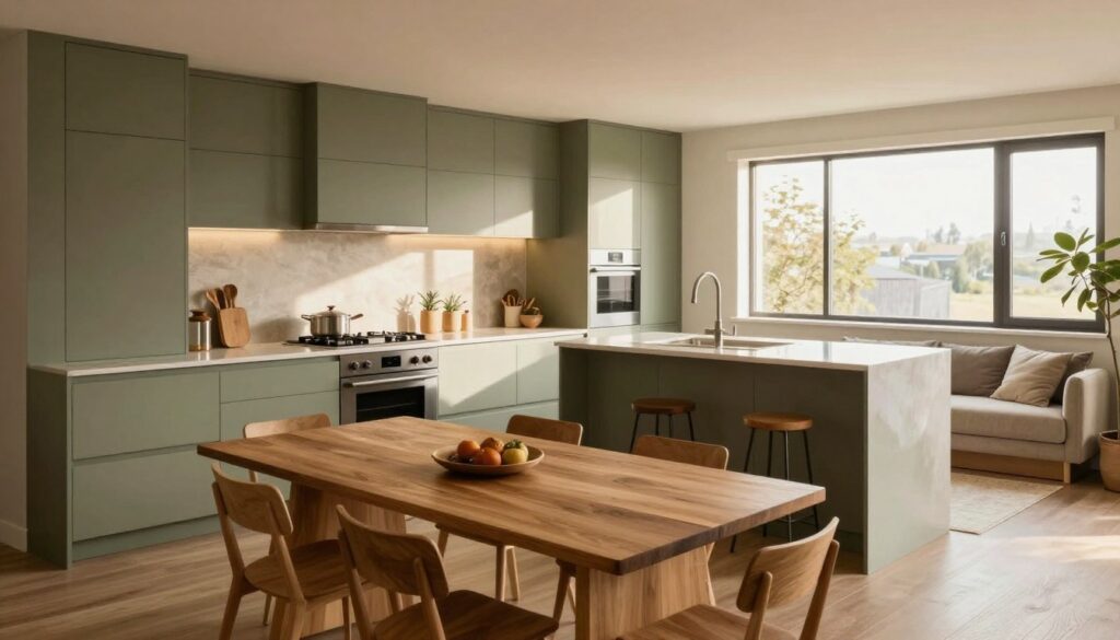 A spacious, open-plan kitchen showcasing an unfitted zoning layout. In the foreground, a modern wooden dining table with elegant, minimalist chairs. The middle ground features various kitchen zones: a cooking area with a stylish gas stove, an island with ample counter space, and a cozy sitting nook with plush cushions. The background has large windows with natural light streaming in, creating a warm and inviting atmosphere. The color scheme is earthy, with soft greens and browns complementing stainless steel appliances. Use warm lighting to enhance the welcoming vibe, and capture the scene from a slightly elevated angle to showcase the flow and connectivity between different zones, evoking a sense of harmony and functional design.