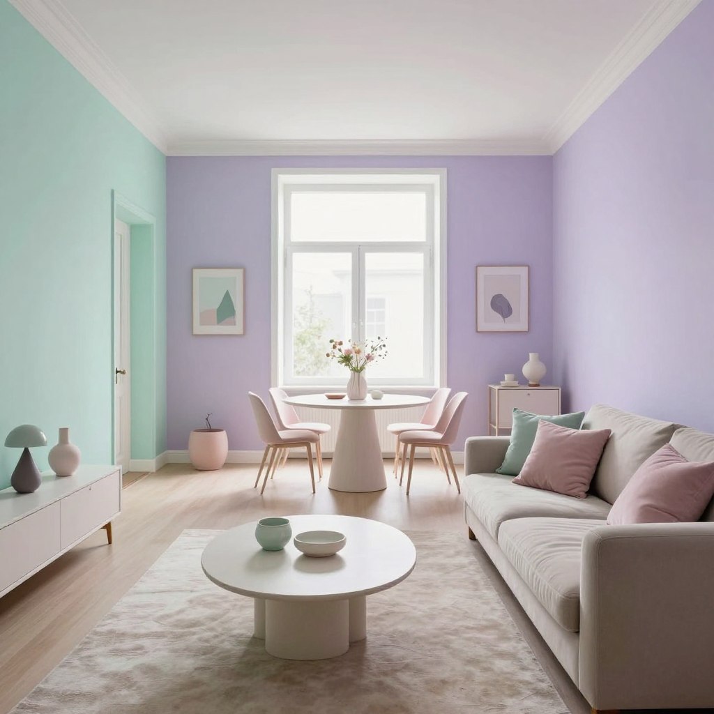 A spacious open-plan living area featuring soft, serene pastel paint colors in soothing shades of mint green, pale lavender, and dusty pink. In the foreground, a plush, neutral-colored sofa adorned with pastel throw pillows invites relaxation. A sleek coffee table with delicate ceramic accents contrasts beautifully with the gentle hues of the walls. In the middle ground, a stylish dining table complements the living space, surrounded by elegant chairs that reflect the pastel theme. Large windows in the background allow soft, natural light to flood the room, accentuating the tranquility of the setting. The atmosphere is calm and inviting, perfect for modern living. The scene is captured at eye level, emphasizing the harmonious blend of colors and design elements in a contemporary home. A spacious open-plan living area featuring soft, serene pastel paint colors in soothing shades of mint green, pale lavender, and dusty pink. In the foreground, a plush, neutral-colored sofa adorned with pastel throw pillows invites relaxation. A sleek coffee table with delicate ceramic accents contrasts beautifully with the gentle hues of the walls. In the middle ground, a stylish dining table complements the living space, surrounded by elegant chairs that reflect the pastel theme. Large windows in the background allow soft, natural light to flood the room, accentuating the tranquility of the setting. The atmosphere is calm and inviting, perfect for modern living. The scene is captured at eye level, emphasizing the harmonious blend of colors and design elements in a contemporary home.