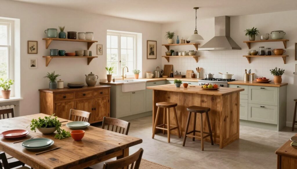 A spacious, unfitted kitchen featuring a thoughtfully arranged layout without built-in cabinetry. Foreground elements include a rustic wooden dining table set with fresh herbs and colorful dishware. In the middle, diverse kitchen furniture pieces, like a vintage sideboard, a freestanding wooden island with bar stools, and a collection of open shelves displaying kitchen essentials. The background showcases an inviting window letting in warm, natural light, illuminating whitewashed walls adorned with eclectic wall art. The atmosphere feels cozy and eclectic, blending traditional and modern styles. Use soft, diffused lighting to enhance the warmth, captured from a slightly elevated angle to provide a comprehensive view of the kitchen’s unique layout, highlighting its character and charm.