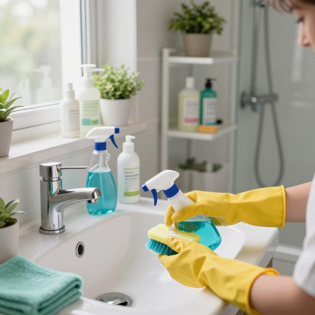 A sparkling clean bathroom interior, showcasing problem areas like the toilet, sink, and shower, surrounded by essential cleaning tools like a scrub brush, sprays, and microfiber cloths. In the foreground, a pair of hands wearing rubber gloves delicately scrubbing the sink with a bright cleaning solution, while a bottle of disinfectant sits nearby. The middle ground features a neatly organized cleaning supply shelf with natural cleaning products, emphasizing eco-friendliness, alongside a small potted plant for freshness. Soft, natural lighting streams in from a frosted window, creating a calm and inviting atmosphere. The camera angle captures a warm, hygienic feel, making viewers feel encouraged and inspired to tackle their own bathroom cleaning challenges. A sparkling clean bathroom interior, showcasing problem areas like the toilet, sink, and shower, surrounded by essential cleaning tools like a scrub brush, sprays, and microfiber cloths. In the foreground, a pair of hands wearing rubber gloves delicately scrubbing the sink with a bright cleaning solution, while a bottle of disinfectant sits nearby. The middle ground features a neatly organized cleaning supply shelf with natural cleaning products, emphasizing eco-friendliness, alongside a small potted plant for freshness. Soft, natural lighting streams in from a frosted window, creating a calm and inviting atmosphere. The camera angle captures a warm, hygienic feel, making viewers feel encouraged and inspired to tackle their own bathroom cleaning challenges.