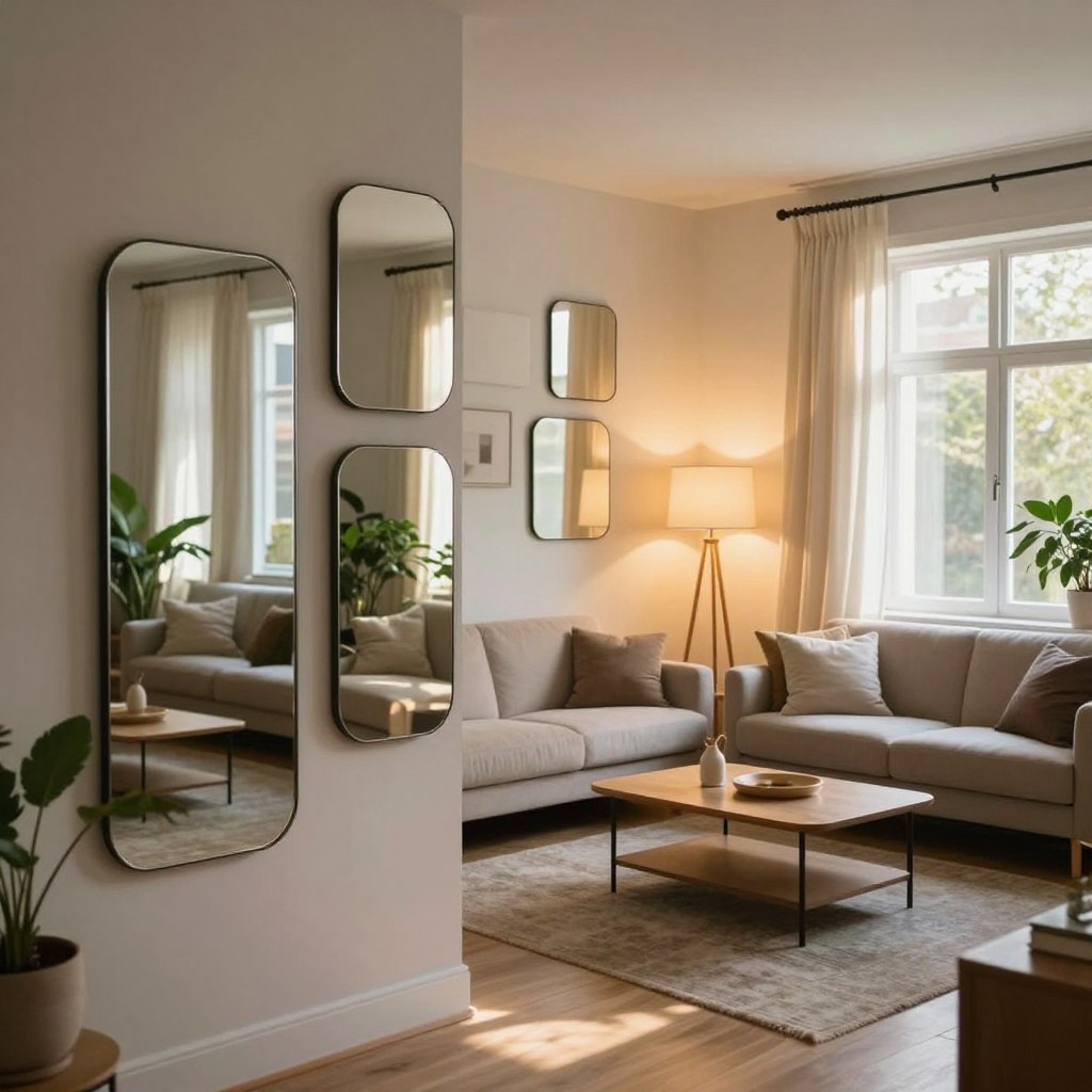 A strategic mirror gallery designed for natural light simulation in a cozy living room. In the foreground, elegant wall-mounted mirrors reflect light in various shapes and sizes, enhancing the space's openness. The middle ground features a clean, modern sofa and minimalist coffee table, adorned with tasteful decor plants that thrive in low light. The background showcases soft, warm lighting from strategically placed floor lamps, creating a welcoming atmosphere. Large windows are draped with light, airy curtains that gently filter in sunlight, complementing the mirrors' reflective surfaces. The room exudes a tranquil, inviting mood, ideal for relaxation and social gatherings. The image captures the perfect balance of light and texture, emphasizing the transformative power of mirrors in interior design.