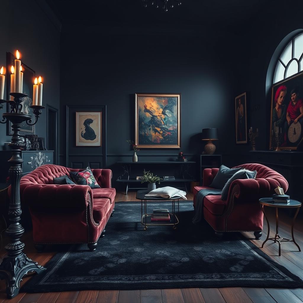 A striking gothic living room, showcasing a blend of dark tones and unexpected elements. In the foreground, an ornate, antique velvet sofa in deep burgundy contrasts with sleek metallic accents of a modern side table. To the left, a tall, gothic-style candle holder casts flickering light, creating a moody atmosphere. The middle ground features a plush, dark area rug with intricate patterns, complemented by a mix of vintage and contemporary art pieces on the walls, including a bold abstract painting with bright splashes of color. In the background, a large arched window allows moody twilight to filter in, illuminating the room with a warm glow. Capture this scene from a slightly elevated angle, emphasizing the textures and layering of styles while evoking a sense of drama and intrigue. A striking gothic living room, showcasing a blend of dark tones and unexpected elements. In the foreground, an ornate, antique velvet sofa in deep burgundy contrasts with sleek metallic accents of a modern side table. To the left, a tall, gothic-style candle holder casts flickering light, creating a moody atmosphere. The middle ground features a plush, dark area rug with intricate patterns, complemented by a mix of vintage and contemporary art pieces on the walls, including a bold abstract painting with bright splashes of color. In the background, a large arched window allows moody twilight to filter in, illuminating the room with a warm glow. Capture this scene from a slightly elevated angle, emphasizing the textures and layering of styles while evoking a sense of drama and intrigue.
