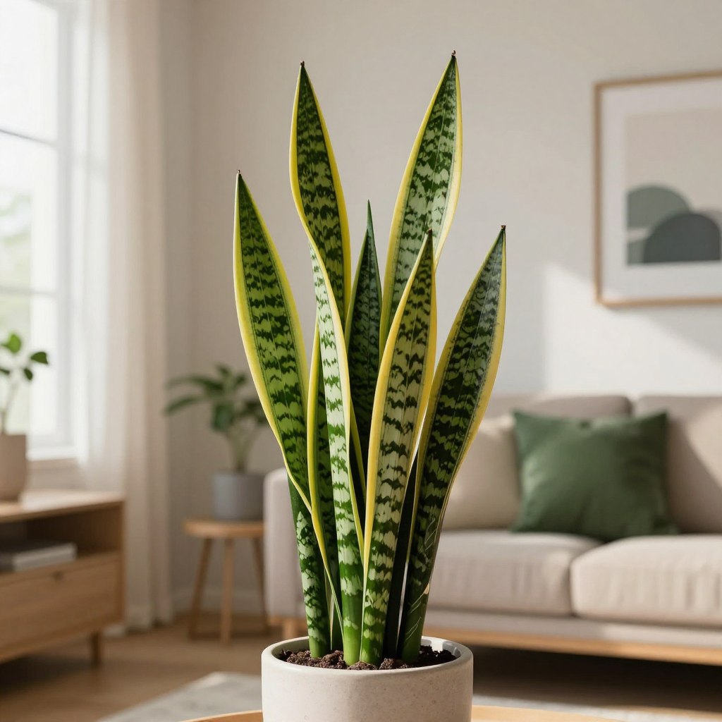A striking snake plant, with its tall, upright leaves featuring vibrant green and yellow variegation, is showcased prominently in a modern living room setting. The leaves reach upward, creating an eye-catching silhouette against a soft, neutral-toned wall. In the foreground, a stylish ceramic planter adds a touch of elegance, complementing the plant's natural beauty. The middle space captures a cozy, well-decorated apartment ambiance with soft, warm natural light filtering through a nearby window, casting gentle shadows that enhance the plant's textures. In the background, hints of minimalist decor—like a framed piece of art and lush green cushions on a sofa—convey a chic and inviting atmosphere, perfect for an urban lifestyle. The image portrays a fresh and calming mood, inviting the viewer to appreciate the simplicity and elegance of the snake plant. A striking snake plant, with its tall, upright leaves featuring vibrant green and yellow variegation, is showcased prominently in a modern living room setting. The leaves reach upward, creating an eye-catching silhouette against a soft, neutral-toned wall. In the foreground, a stylish ceramic planter adds a touch of elegance, complementing the plant's natural beauty. The middle space captures a cozy, well-decorated apartment ambiance with soft, warm natural light filtering through a nearby window, casting gentle shadows that enhance the plant's textures. In the background, hints of minimalist decor—like a framed piece of art and lush green cushions on a sofa—convey a chic and inviting atmosphere, perfect for an urban lifestyle. The image portrays a fresh and calming mood, inviting the viewer to appreciate the simplicity and elegance of the snake plant.