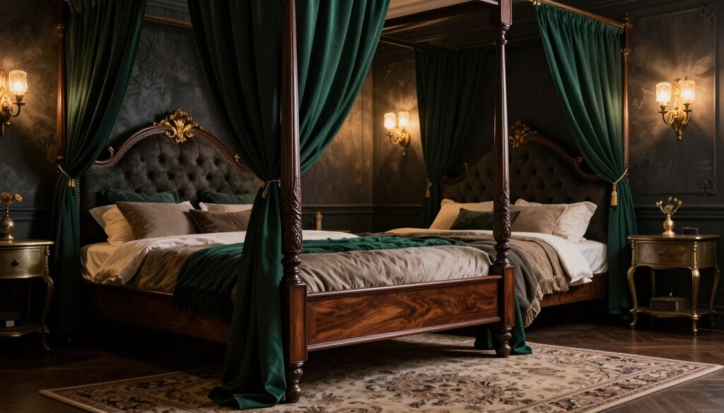 A stunning bedroom scene featuring dramatic bed frames that embody a sophisticated moody aesthetic. Foreground: an intricately designed canopy bed with rich dark wood and flowing deep emerald drapes. Middle ground: a luxurious tufted headboard with elegant gold accents, positioned against a textured dark wall, complemented by plush bedding in muted tones. Background: soft ambient lighting from vintage-style wall sconces creates a warm glow, highlighting the intricate patterns on a plush area rug and a stylish nightstand. The atmosphere is inviting yet mysterious, evoking a sense of tranquility and elegance, captured from a low angle with a slight depth of field to emphasize the bed frame as the focal point. A stunning bedroom scene featuring dramatic bed frames that embody a sophisticated moody aesthetic. Foreground: an intricately designed canopy bed with rich dark wood and flowing deep emerald drapes. Middle ground: a luxurious tufted headboard with elegant gold accents, positioned against a textured dark wall, complemented by plush bedding in muted tones. Background: soft ambient lighting from vintage-style wall sconces creates a warm glow, highlighting the intricate patterns on a plush area rug and a stylish nightstand. The atmosphere is inviting yet mysterious, evoking a sense of tranquility and elegance, captured from a low angle with a slight depth of field to emphasize the bed frame as the focal point.