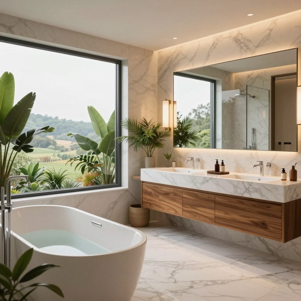 A stunning five-star hotel luxury master bathroom design featuring an elegantly spacious layout. In the foreground, a freestanding soaking tub sits adjacent to a large window offering a breathtaking view of a serene landscape. Soft, warm light floods the space, enhancing the high-end marble finishes and the polished wooden cabinetry. The middle ground showcases a double sink vanity with modern fixtures and stylish, neatly arranged toiletries. Lush green plants add a touch of nature, contributing to the tranquil atmosphere. In the background, a walk-in shower with a rainfall showerhead is framed by frosted glass, providing a hint of privacy. The overall mood conveys a serene, resort-style experience, inviting relaxation and indulgence, captured from a slightly elevated angle with soft-focus on peripheral elements to emphasize the bathroom's luxury. A stunning five-star hotel luxury master bathroom design featuring an elegantly spacious layout. In the foreground, a freestanding soaking tub sits adjacent to a large window offering a breathtaking view of a serene landscape. Soft, warm light floods the space, enhancing the high-end marble finishes and the polished wooden cabinetry. The middle ground showcases a double sink vanity with modern fixtures and stylish, neatly arranged toiletries. Lush green plants add a touch of nature, contributing to the tranquil atmosphere. In the background, a walk-in shower with a rainfall showerhead is framed by frosted glass, providing a hint of privacy. The overall mood conveys a serene, resort-style experience, inviting relaxation and indulgence, captured from a slightly elevated angle with soft-focus on peripheral elements to emphasize the bathroom's luxury.