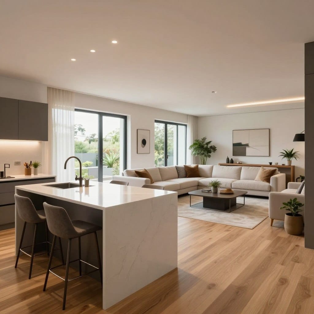 A stunning open concept living space featuring a modern kitchen and living room design. In the foreground, showcase a sleek island with white quartz countertops and stylish bar stools. The middle area includes a spacious living room with a plush sectional sofa, decorative pillows, and a chic coffee table, all arranged to create an inviting atmosphere. Large floor-to-ceiling windows let in abundant natural light, highlighting the warm wooden flooring. In the background, there are subtle potted plants and minimalist art on the walls, enhancing the contemporary feel. The lighting is soft and inviting, creating a cozy ambiance, with a focus on open space and modern aesthetics. Utilize a wide-angle lens to capture the entirety of the layout, emphasizing the seamless flow between the kitchen and living area.