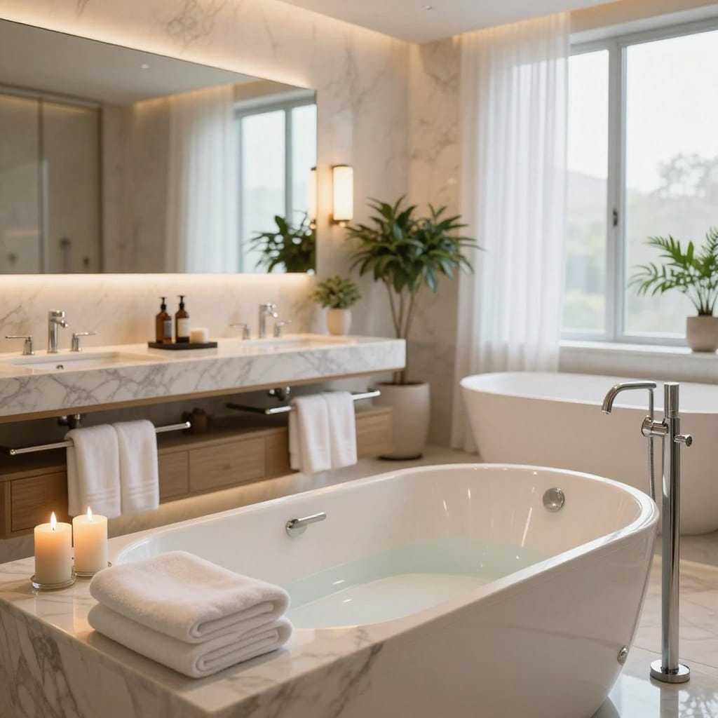 A stunning upscale master bathroom remodel, featuring elegant marble countertops and a luxurious freestanding soaking tub illuminated by soft, warm ambient lighting. In the foreground, plush white towels are neatly arranged beside the tub, while a pair of stylish candles adds a touch of serenity. The middle ground boasts a spacious double vanity with modern fixtures and tasteful decorative plants, exemplifying contemporary design. The background showcases a large window with delicate sheer curtains, allowing natural light to filter in, enhancing the tranquil atmosphere. Capture the scene with a soft focus lens to emphasize warmth and relaxation, using a wide-angle perspective to convey the spaciousness of this luxurious retreat, inviting viewers to imagine their own oasis of comfort and style.