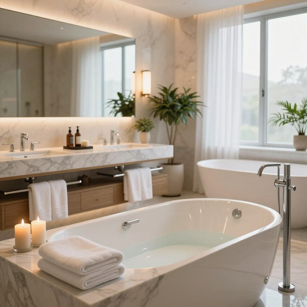 A stunning upscale master bathroom remodel, featuring elegant marble countertops and a luxurious freestanding soaking tub illuminated by soft, warm ambient lighting. In the foreground, plush white towels are neatly arranged beside the tub, while a pair of stylish candles adds a touch of serenity. The middle ground boasts a spacious double vanity with modern fixtures and tasteful decorative plants, exemplifying contemporary design. The background showcases a large window with delicate sheer curtains, allowing natural light to filter in, enhancing the tranquil atmosphere. Capture the scene with a soft focus lens to emphasize warmth and relaxation, using a wide-angle perspective to convey the spaciousness of this luxurious retreat, inviting viewers to imagine their own oasis of comfort and style. A stunning upscale master bathroom remodel, featuring elegant marble countertops and a luxurious freestanding soaking tub illuminated by soft, warm ambient lighting. In the foreground, plush white towels are neatly arranged beside the tub, while a pair of stylish candles adds a touch of serenity. The middle ground boasts a spacious double vanity with modern fixtures and tasteful decorative plants, exemplifying contemporary design. The background showcases a large window with delicate sheer curtains, allowing natural light to filter in, enhancing the tranquil atmosphere. Capture the scene with a soft focus lens to emphasize warmth and relaxation, using a wide-angle perspective to convey the spaciousness of this luxurious retreat, inviting viewers to imagine their own oasis of comfort and style.
