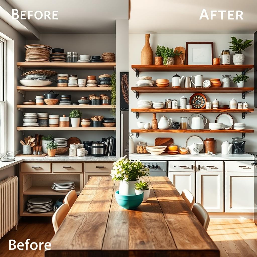 A stunning visual transformation of a kitchen shelf space showcasing a before-and-after comparison. In the foreground, the left side displays cluttered, outdated shelves with mismatched containers and dull colors, while the right side reveals a beautifully styled, modern shelf arrangement featuring elegant, curated decor items like potted plants, colorful dishware, and artisanal jars. The middle ground highlights a rustic wooden table with coordinating decor that enhances the shelf theme. Soft, natural lighting streams in from a nearby window, creating a warm and inviting atmosphere. The background includes a bright, airy kitchen with contemporary appliances, enhancing the overall modern aesthetic. The angle is slightly tilted to capture the depth and transformation effectively, inviting viewers to appreciate the art of styling kitchen shelves.