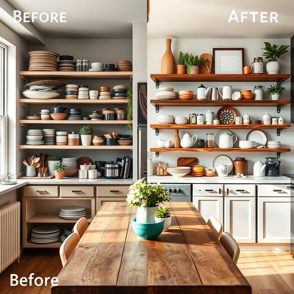 A stunning visual transformation of a kitchen shelf space showcasing a before-and-after comparison. In the foreground, the left side displays cluttered, outdated shelves with mismatched containers and dull colors, while the right side reveals a beautifully styled, modern shelf arrangement featuring elegant, curated decor items like potted plants, colorful dishware, and artisanal jars. The middle ground highlights a rustic wooden table with coordinating decor that enhances the shelf theme. Soft, natural lighting streams in from a nearby window, creating a warm and inviting atmosphere. The background includes a bright, airy kitchen with contemporary appliances, enhancing the overall modern aesthetic. The angle is slightly tilted to capture the depth and transformation effectively, inviting viewers to appreciate the art of styling kitchen shelves. A stunning visual transformation of a kitchen shelf space showcasing a before-and-after comparison. In the foreground, the left side displays cluttered, outdated shelves with mismatched containers and dull colors, while the right side reveals a beautifully styled, modern shelf arrangement featuring elegant, curated decor items like potted plants, colorful dishware, and artisanal jars. The middle ground highlights a rustic wooden table with coordinating decor that enhances the shelf theme. Soft, natural lighting streams in from a nearby window, creating a warm and inviting atmosphere. The background includes a bright, airy kitchen with contemporary appliances, enhancing the overall modern aesthetic. The angle is slightly tilted to capture the depth and transformation effectively, inviting viewers to appreciate the art of styling kitchen shelves.