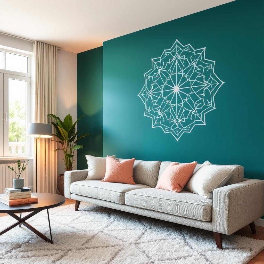 A stylish and creative living room featuring a vibrant accent wall adorned with an intricate stencil design. The foreground showcases a cozy sofa with textured cushions in soft pastel tones, positioned on a plush area rug. In the middle ground, the accent wall is painted a deep teal, embellished with a delicate geometric stencil in a lighter shade, creating visual interest and depth. To the left, a modern coffee table holds decorative books and a small potted plant, while a sleek lamp casts a warm glow over the scene. In the background, large windows allow natural light to flood the room, enhancing the welcoming atmosphere. The overall mood is inviting and innovative, perfect for inspiring budget-friendly decor ideas.
