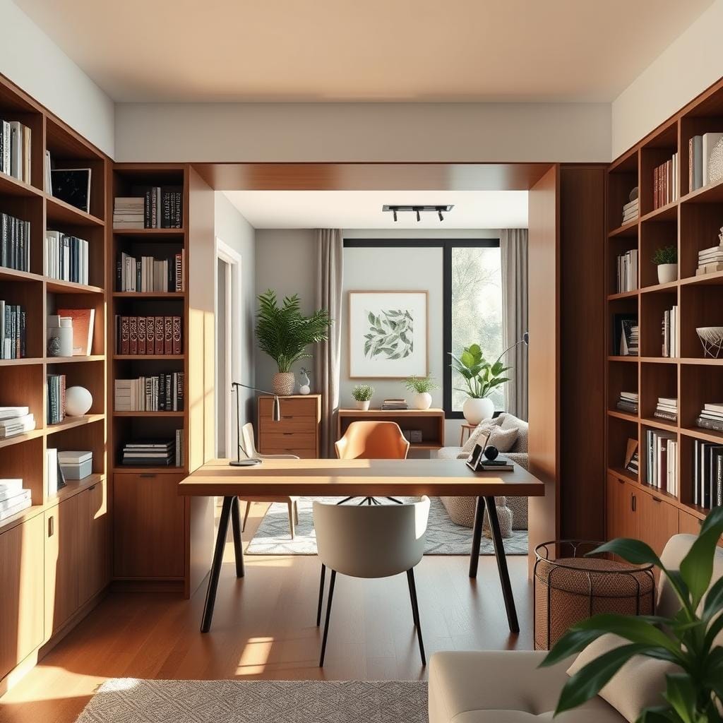 A stylish and functional hidden home office integrated into a modern living space. In the foreground, a sleek, minimalist desk is elegantly tucked into a wall unit, surrounded by bookshelves filled with neatly arranged books and decorative items. The middle layer features a cozy armchair and a small coffee table, creating an inviting workspace. Soft natural light filters through a large window, casting gentle shadows and enhancing the warm wooden tones of the furniture. The background showcases a tastefully decorated living area with plants and artwork, evoking a sense of calm productivity. The atmosphere is serene and inspiring, with a focus on modern design. The overall composition is framed using a wide-angle lens for a spacious feel, emphasizing the seamless integration of work and home life.