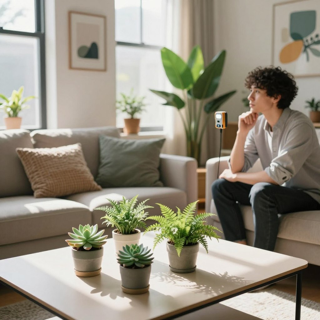 A stylish apartment living room bathed in soft, natural light filtering through large windows, casting gentle shadows across the space. In the foreground, a sleek, minimalistic coffee table is adorned with small potted indoor plants, such as succulents and ferns, showcasing the vibrant hues of greenery. The middle ground features a cozy seating area with modern furniture in neutral tones, complemented by textured cushions. On one side, a person in casual, professional attire is observing the light conditions, holding a light meter with an expression of contemplation. The background reveals a warm, inviting atmosphere with decorative wall art and a pop of color from a larger leafy plant near the window. The overall mood is fresh and serene, perfect for assessing space for indoor plants. A stylish apartment living room bathed in soft, natural light filtering through large windows, casting gentle shadows across the space. In the foreground, a sleek, minimalistic coffee table is adorned with small potted indoor plants, such as succulents and ferns, showcasing the vibrant hues of greenery. The middle ground features a cozy seating area with modern furniture in neutral tones, complemented by textured cushions. On one side, a person in casual, professional attire is observing the light conditions, holding a light meter with an expression of contemplation. The background reveals a warm, inviting atmosphere with decorative wall art and a pop of color from a larger leafy plant near the window. The overall mood is fresh and serene, perfect for assessing space for indoor plants.