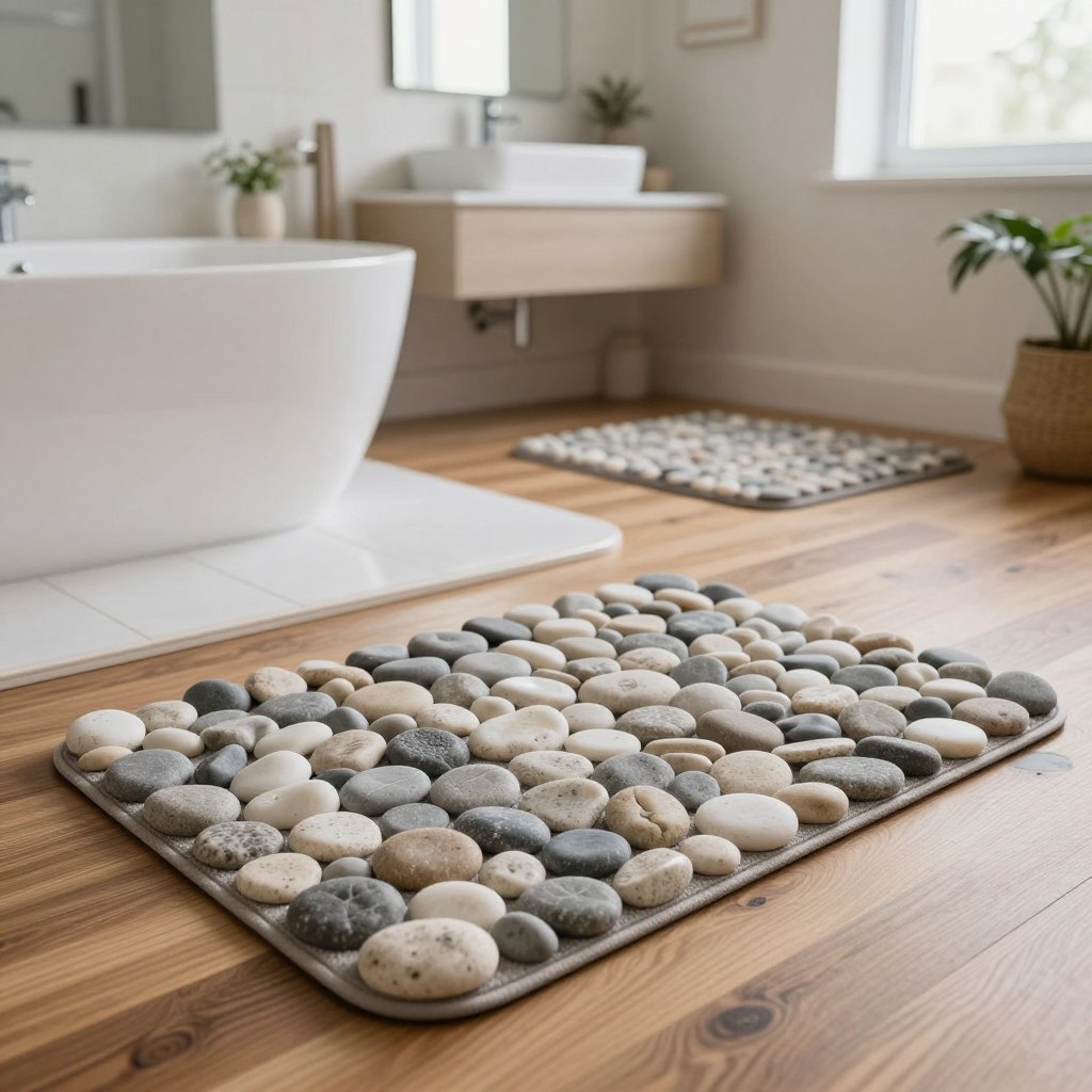 A stylish bathroom scene featuring pebble and stone-look bath mats. In the foreground, showcase textured, realistic bath mats resembling smooth pebbles and polished stones in shades of gray, beige, and white. These mats should be placed on a warm, wooden floor, adding a touch of coziness. In the middle ground, depict a small and elegant bathroom with a minimalist design, featuring a modern sink and a sleek mirror reflecting soft, natural light. The background should include subtle hints of potted greenery and decorative elements, enhancing the serene atmosphere. Use soft, diffused lighting to create a calm and inviting mood, captured from a slightly elevated angle to emphasize the mats and the overall aesthetic of the space, ensuring a harmonious and contemporary feel. A stylish bathroom scene featuring pebble and stone-look bath mats. In the foreground, showcase textured, realistic bath mats resembling smooth pebbles and polished stones in shades of gray, beige, and white. These mats should be placed on a warm, wooden floor, adding a touch of coziness. In the middle ground, depict a small and elegant bathroom with a minimalist design, featuring a modern sink and a sleek mirror reflecting soft, natural light. The background should include subtle hints of potted greenery and decorative elements, enhancing the serene atmosphere. Use soft, diffused lighting to create a calm and inviting mood, captured from a slightly elevated angle to emphasize the mats and the overall aesthetic of the space, ensuring a harmonious and contemporary feel.