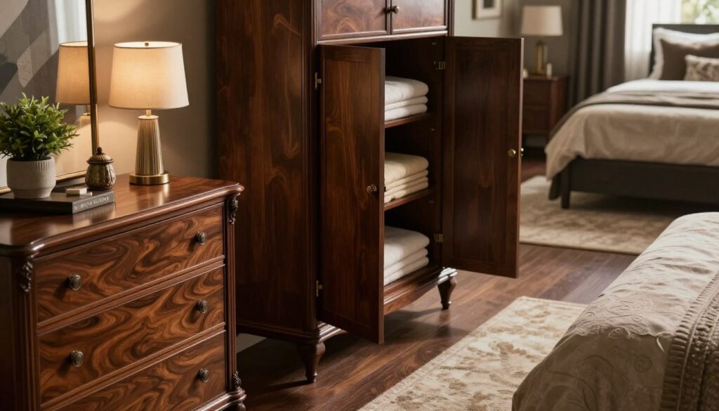 A stylish bedroom featuring elegant dressers and armoires that enhance a sophisticated moody aesthetic. The foreground should showcase a beautifully designed wooden dresser with sleek lines and ornate hardware, adorned with decorative accessories like a stylish lamp and a small potted plant. In the middle, an imposing armoire with a rich, dark finish stands prominently, its doors slightly ajar to reveal neatly folded linens. The background contains soft-focus elements like a plush area rug and a tastefully arranged bed with luxurious bedding. The lighting is warm and ambient, casting gentle shadows to create depth and a cozy atmosphere. Use a slightly elevated angle to capture the entire scene in rich detail, evoking a sense of refined elegance and comfort, ideal for a sophisticated bedroom. A stylish bedroom featuring elegant dressers and armoires that enhance a sophisticated moody aesthetic. The foreground should showcase a beautifully designed wooden dresser with sleek lines and ornate hardware, adorned with decorative accessories like a stylish lamp and a small potted plant. In the middle, an imposing armoire with a rich, dark finish stands prominently, its doors slightly ajar to reveal neatly folded linens. The background contains soft-focus elements like a plush area rug and a tastefully arranged bed with luxurious bedding. The lighting is warm and ambient, casting gentle shadows to create depth and a cozy atmosphere. Use a slightly elevated angle to capture the entire scene in rich detail, evoking a sense of refined elegance and comfort, ideal for a sophisticated bedroom.