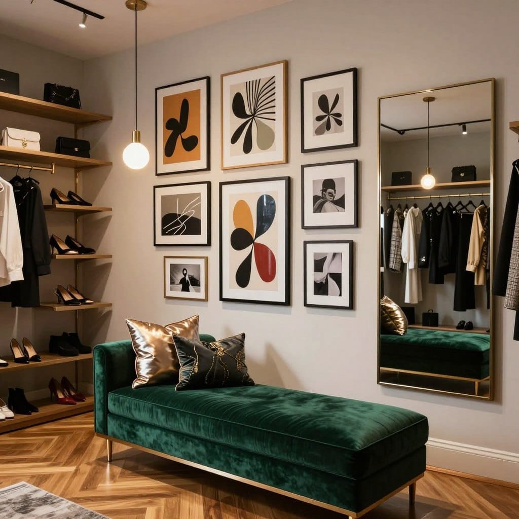 A stylish dressing room featuring a statement gallery wall, adorned with an eclectic mix of framed artwork, abstract pieces, and photographs in various sizes. The foreground shows a plush velvet bench in deep emerald green, accentuated with metallic decorative pillows. In the middle, the curated gallery wall is illuminated by soft, warm pendant lighting, creating an inviting atmosphere. The background features elegant shoeracks and a minimalist full-length mirror, reflecting the artistic decor. The floor is sleek and polished wood, enhancing the luxury feel. The setting exudes creativity and sophistication, capturing the essence of a personal gallery space within a modern dressing room. The mood is elegant and inspiring, perfect for showcasing fashion and art.