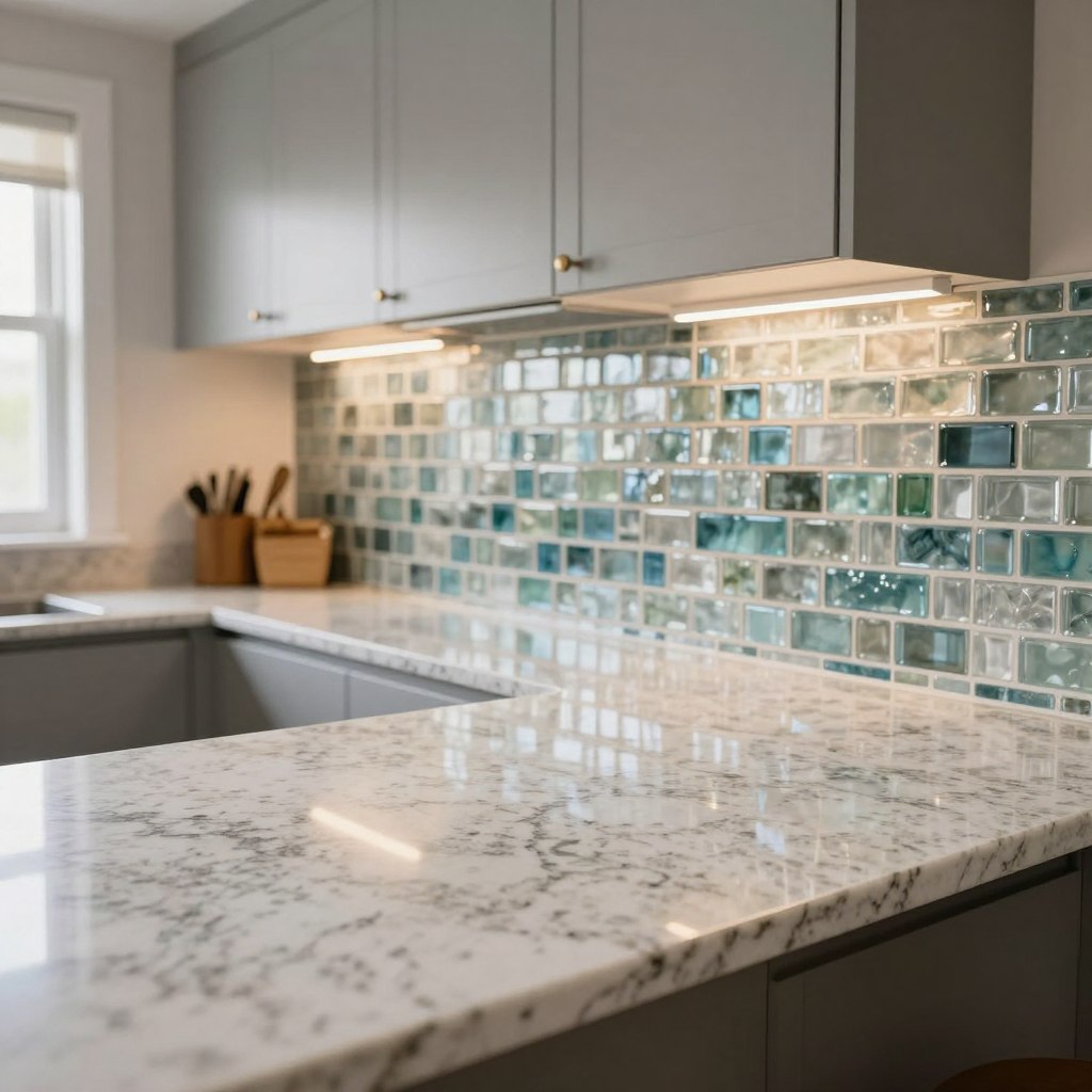 A stylish kitchen featuring a classic white granite countertop, showcasing subtle veining and a polished finish. The foreground includes a seamless continuation of the white granite, glistening under warm, ambient lighting. In the middle ground, intricately arranged mosaic glass tiles serve as a backsplash, reflecting light in various soft hues of blue, green, and clear glass. The backsplash contrasts beautifully with the countertop, creating a modern yet timeless aesthetic. In the background, minimalistic cabinetry in a soft gray tone complements the overall design. A cozy homey atmosphere is infused with natural light streaming in from a nearby window, highlighting the luxurious elements. The scene is captured from an angle that emphasizes both the countertop and backsplash, creating an inviting and elegant kitchen space. A stylish kitchen featuring a classic white granite countertop, showcasing subtle veining and a polished finish. The foreground includes a seamless continuation of the white granite, glistening under warm, ambient lighting. In the middle ground, intricately arranged mosaic glass tiles serve as a backsplash, reflecting light in various soft hues of blue, green, and clear glass. The backsplash contrasts beautifully with the countertop, creating a modern yet timeless aesthetic. In the background, minimalistic cabinetry in a soft gray tone complements the overall design. A cozy homey atmosphere is infused with natural light streaming in from a nearby window, highlighting the luxurious elements. The scene is captured from an angle that emphasizes both the countertop and backsplash, creating an inviting and elegant kitchen space.