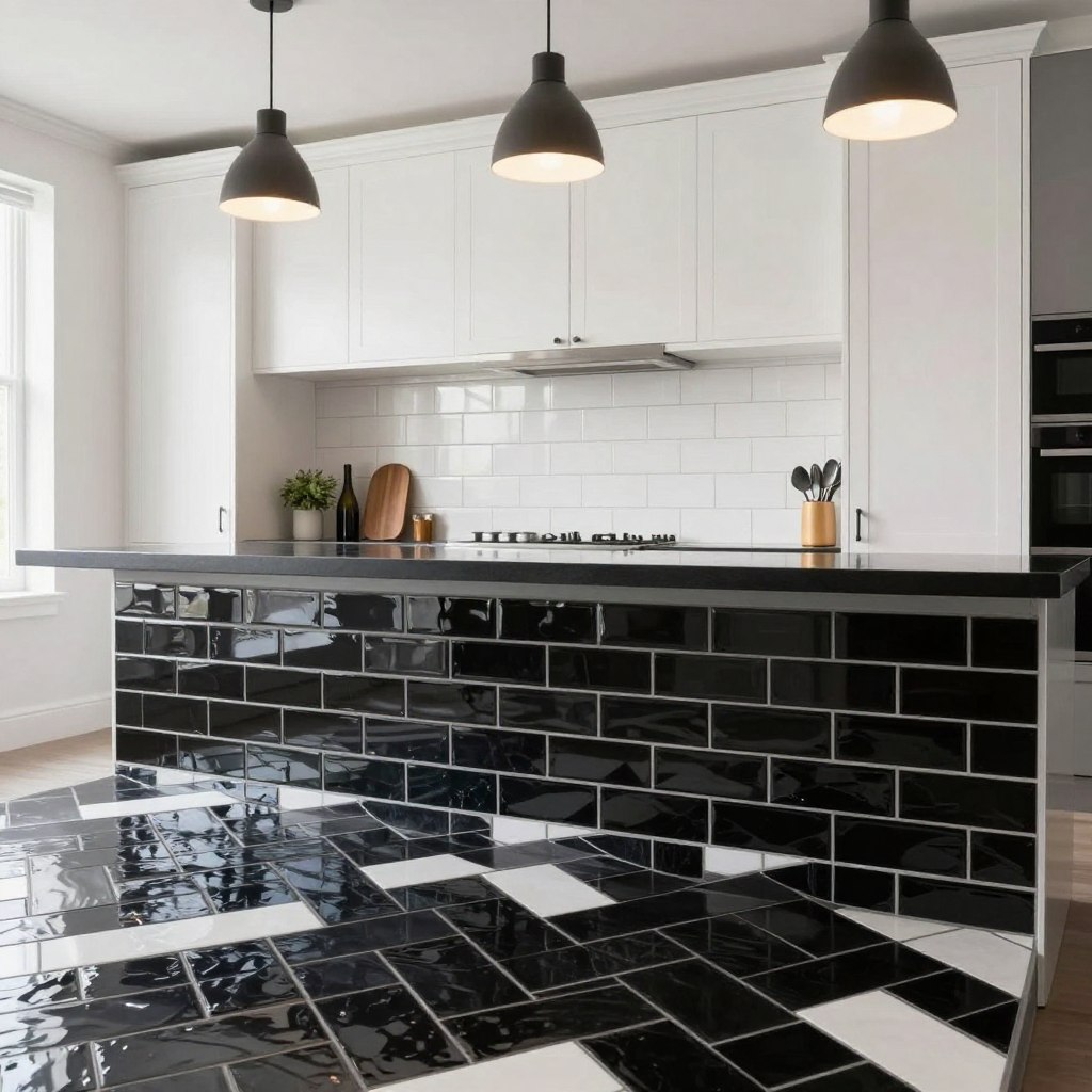 A stylish kitchen featuring a striking backsplash design that enhances the contrasts of a white oak and black theme. In the foreground, focus on gleaming subway tiles in a mix of matte black and gloss white, arranged in a herringbone pattern, reflecting light elegantly. The middle ground showcases a sleek black countertop, with utensils and a small plant adding a touch of warmth. In the background, a stylish white oak cabinetry complements the design, accented by modern, minimalist pendant lights casting soft, warm illumination. The overall atmosphere exudes sophistication and harmony, with an inviting mood that reflects contemporary kitchen aesthetics. Use a wide-angle lens to capture the entirety of the kitchen space, ensuring a clear view of the backsplash.