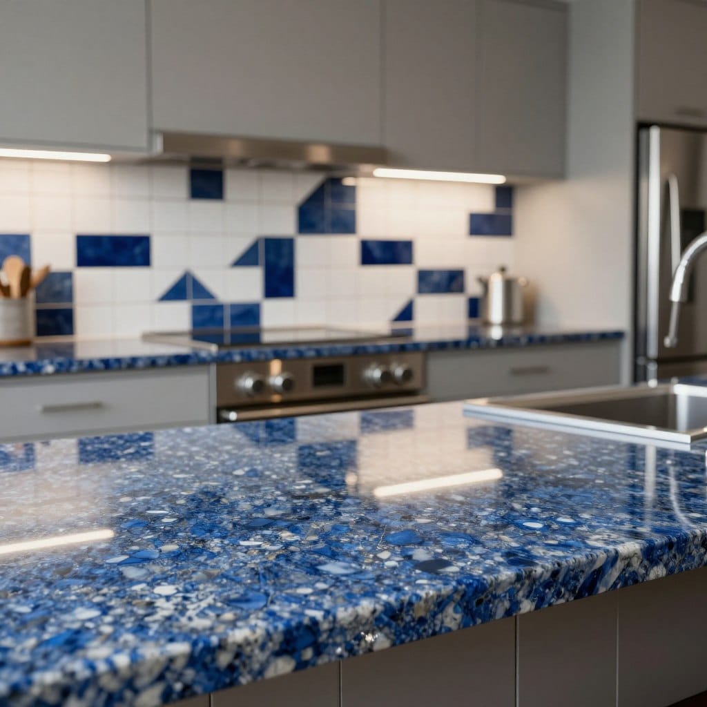 A stylish kitchen featuring blue pearl granite countertops, showcasing the stone's shimmering deep blue and silver flecks. The foreground includes the polished granite surface with vibrant reflections. In the middle, a striking geometric backsplash made of white and navy tiles complements the countertops, creating an eye-catching contrast. Soft, diffused lighting illuminates the scene, highlighting the textures of the granite and tiles. The background includes modern kitchen cabinetry and sleek stainless-steel appliances, enhancing the luxurious atmosphere. The angle captures the kitchen in a cozy yet elegant setting, evoking sophistication and comfort. The overall mood is modern and chic, perfect for a high-end kitchen design. No text or watermarks present.