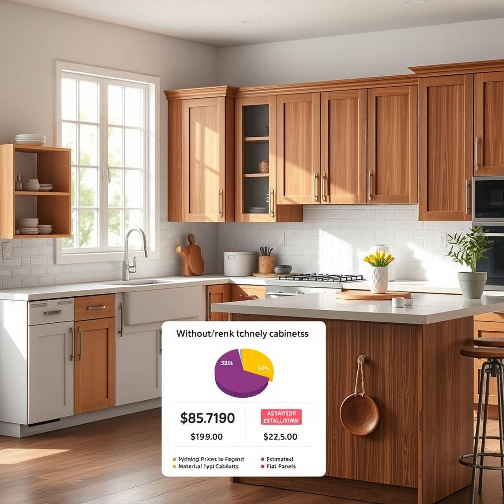A stylish kitchen scene showcasing budget-friendly cabinet ideas. In the foreground, a variety of attractive kitchen cabinets made of cost-effective materials, like plywood and laminate, featuring different styles—minimalist open shelving, shaker-style cabinets, and modern flat-panel designs. The middle ground highlights a detailed cost breakdown chart, displaying estimated prices for materials and installation without text, illustrated as a pie chart with vibrant colors. In the background, a well-lit kitchen setting with natural light streaming through a window, enhancing the warm wood tones of the cabinets. The atmosphere is inviting and inspiring, encouraging creativity in redesigning kitchen spaces. The viewer feels a sense of optimism and practicality while considering their kitchen renovation options. A stylish kitchen scene showcasing budget-friendly cabinet ideas. In the foreground, a variety of attractive kitchen cabinets made of cost-effective materials, like plywood and laminate, featuring different styles—minimalist open shelving, shaker-style cabinets, and modern flat-panel designs. The middle ground highlights a detailed cost breakdown chart, displaying estimated prices for materials and installation without text, illustrated as a pie chart with vibrant colors. In the background, a well-lit kitchen setting with natural light streaming through a window, enhancing the warm wood tones of the cabinets. The atmosphere is inviting and inspiring, encouraging creativity in redesigning kitchen spaces. The viewer feels a sense of optimism and practicality while considering their kitchen renovation options.