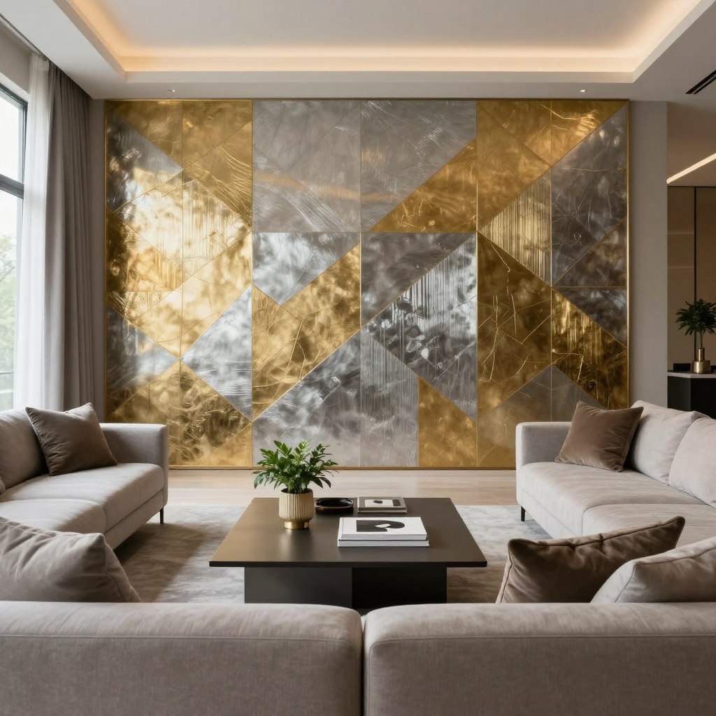 A stylish living room featuring a modern metallic accent wall, elegantly adorned with geometric patterns in shades of gold and silver. The foreground showcases a sleek, contemporary sofa in neutral tones, accented with plush cushions. In the middle ground, a minimalist coffee table is set with decorative items like a small plant and modern art books. Large windows in the background filter soft natural light, creating a warm and inviting atmosphere. The room is decorated with subtle textures and finishes, emphasizing a sophisticated, yet cozy design. The scene conveys a sense of luxury and modernity, ideal for a contemporary living space. A stylish living room featuring a modern metallic accent wall, elegantly adorned with geometric patterns in shades of gold and silver. The foreground showcases a sleek, contemporary sofa in neutral tones, accented with plush cushions. In the middle ground, a minimalist coffee table is set with decorative items like a small plant and modern art books. Large windows in the background filter soft natural light, creating a warm and inviting atmosphere. The room is decorated with subtle textures and finishes, emphasizing a sophisticated, yet cozy design. The scene conveys a sense of luxury and modernity, ideal for a contemporary living space.