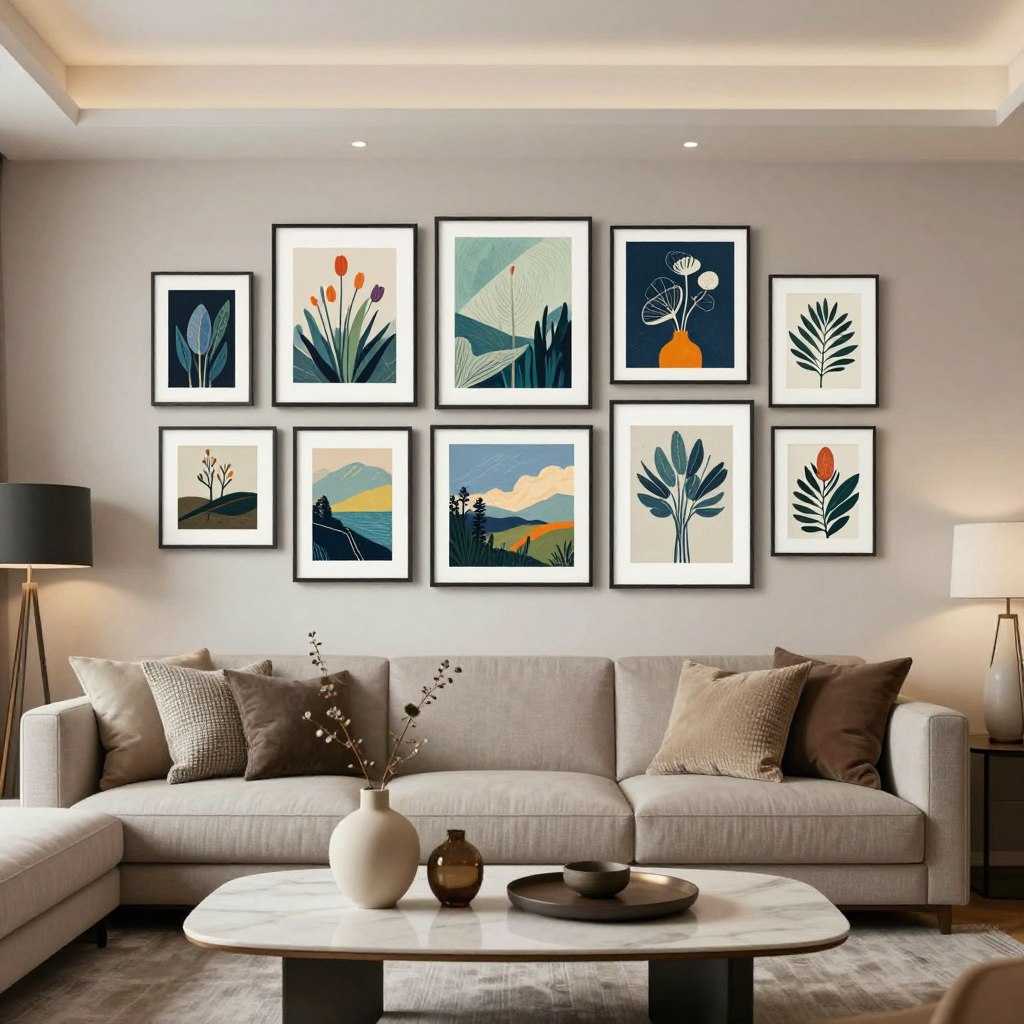 A stylish living room featuring an array of digital art frames elegantly arranged on a light-colored wall, showcasing contemporary designs in various sizes and shapes. The foreground highlights a sleek coffee table with a minimalistic vase and decorative objects. The middle ground captures a cozy sofa adorned with textured cushions, inviting viewers to relax. The background reveals the art frames, illuminated by soft, ambient lighting that creates a warm and inviting atmosphere. Use a wide-angle lens to encompass the room's modern decor elements. The overall mood should be sophisticated yet welcoming, with a focus on the harmonious blend of digital art within the living space, embodying a trendy and contemporary aesthetic for 2026. A stylish living room featuring an array of digital art frames elegantly arranged on a light-colored wall, showcasing contemporary designs in various sizes and shapes. The foreground highlights a sleek coffee table with a minimalistic vase and decorative objects. The middle ground captures a cozy sofa adorned with textured cushions, inviting viewers to relax. The background reveals the art frames, illuminated by soft, ambient lighting that creates a warm and inviting atmosphere. Use a wide-angle lens to encompass the room's modern decor elements. The overall mood should be sophisticated yet welcoming, with a focus on the harmonious blend of digital art within the living space, embodying a trendy and contemporary aesthetic for 2026.