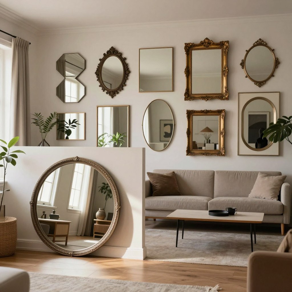 A stylish living room featuring an array of statement mirrors as wall hangings, each with unique shapes and finishes, ranging from modern geometric designs to elegant vintage styles. In the foreground, a large round mirror with an intricate metallic frame reflects the light from a nearby window, casting a warm glow across the room. The middle layer includes a gallery wall with a mix of rectangular and oval mirrors in varying sizes, complemented by decor elements like indoor plants and contemporary artwork. The background showcases a cozy sitting area with a neutral-toned sofa and a minimalist coffee table. Soft, natural lighting enhances the inviting atmosphere, while a wide-angle view captures the spaciousness and reflective qualities of the space, evoking a sense of tranquility and sophistication. A stylish living room featuring an array of statement mirrors as wall hangings, each with unique shapes and finishes, ranging from modern geometric designs to elegant vintage styles. In the foreground, a large round mirror with an intricate metallic frame reflects the light from a nearby window, casting a warm glow across the room. The middle layer includes a gallery wall with a mix of rectangular and oval mirrors in varying sizes, complemented by decor elements like indoor plants and contemporary artwork. The background showcases a cozy sitting area with a neutral-toned sofa and a minimalist coffee table. Soft, natural lighting enhances the inviting atmosphere, while a wide-angle view captures the spaciousness and reflective qualities of the space, evoking a sense of tranquility and sophistication.