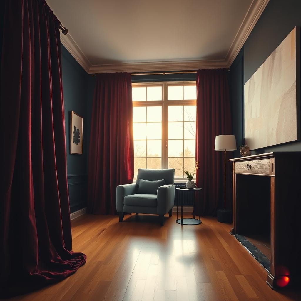 A stylish living room featuring dramatic window treatments that create a moody atmosphere. In the foreground, thick, velvet drapes in deep burgundy cascade elegantly from a vintage rod, pooling on the polished hardwood floor. The middle ground showcases a sophisticated armchair upholstered in rich charcoal fabric, paired with a minimalist side table adorned with a small succulent plant. The walls are painted a deep navy blue, enhancing the drama. In the background, warm, golden hour sunlight filters through the layers of the drapes, casting soft shadows across the room, while a large, modern abstract painting adds a contemporary touch. Capture the scene from a slightly elevated angle to emphasize the luxury and depth of the space, using a warm color palette to evoke coziness and sophistication.