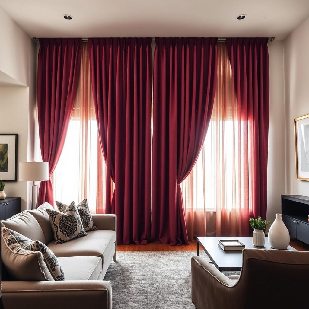 A stylish living room featuring innovative home decor with high, wide curtains elegantly draping over large windows, creating a sense of luxury and spaciousness. In the foreground, a plush, modern sofa adorned with patterned throw pillows complements the curtains. The middle ground showcases the curtains in vibrant, textured fabrics, filtering soft natural light that enhances the room's warmth. The background contains a minimalist coffee table with a chic vase and greenery, juxtaposed against subtle wall art. The lighting is soft and inviting, reminiscent of a late afternoon glow, while the camera angle captures the entirety of the curtains and their harmonious integration with the decor. Overall, the atmosphere is sophisticated yet approachable, conveying a budget-friendly elegance.