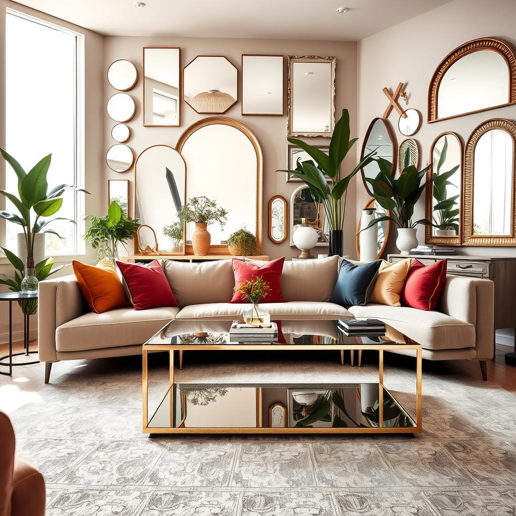A stylish living room featuring sophisticated designs that cleverly incorporate mirrors as decor elements. In the foreground, display a cozy, plush sofa in neutral tones adorned with colorful throw pillows. The middle of the room showcases an elegant coffee table with a shiny, mirrored surface reflecting the surroundings. Strategically place various mirrors of different shapes and sizes on the walls, enhancing the space's depth and light. In the background, lush indoor plants and soft LED lighting create a warm, inviting atmosphere. Capture the scene from a slightly elevated angle, allowing vibrant natural light to stream in through large windows, casting gentle reflections and creating a bright, airy feel. Aim for a chic and modern ambiance that conveys a sense of luxury on a budget.