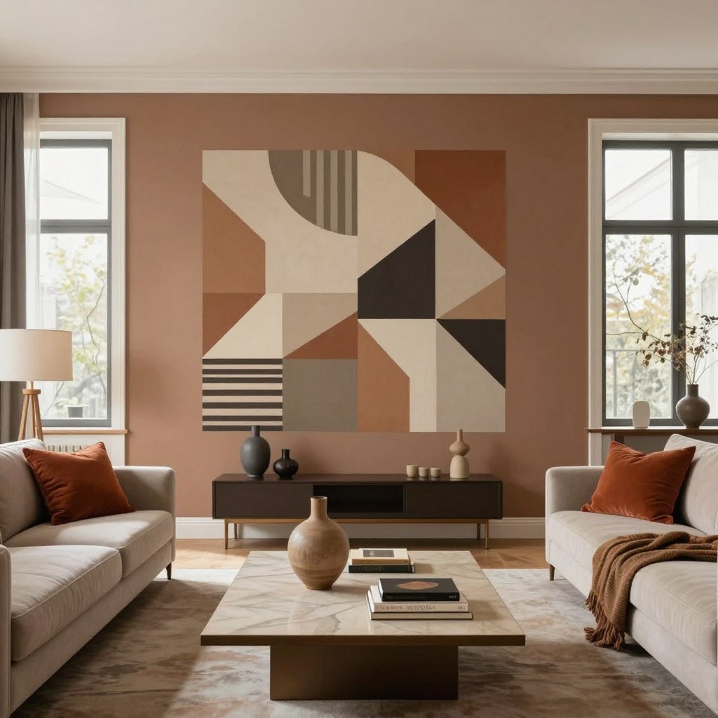 A stylish living room interior featuring a well-defined accent wall that serves as a focal point. In the foreground, a tastefully arranged coffee table with decorative elements such as a vase and books. In the middle, the accent wall is adorned with a bold geometric pattern in earthy tones, drawing attention while harmonizing with the overall decor. Flanking the wall, elegant furniture in soft neutral colors, complemented by vibrant throw pillows. In the background, large windows allow warm, natural light to fill the space, enhancing the cozy atmosphere. The image captures a serene yet modern vibe, showcasing a perfect blend of aesthetics and functionality in home design, shot from a slightly elevated angle to provide depth and perspective. A stylish living room interior featuring a well-defined accent wall that serves as a focal point. In the foreground, a tastefully arranged coffee table with decorative elements such as a vase and books. In the middle, the accent wall is adorned with a bold geometric pattern in earthy tones, drawing attention while harmonizing with the overall decor. Flanking the wall, elegant furniture in soft neutral colors, complemented by vibrant throw pillows. In the background, large windows allow warm, natural light to fill the space, enhancing the cozy atmosphere. The image captures a serene yet modern vibe, showcasing a perfect blend of aesthetics and functionality in home design, shot from a slightly elevated angle to provide depth and perspective.