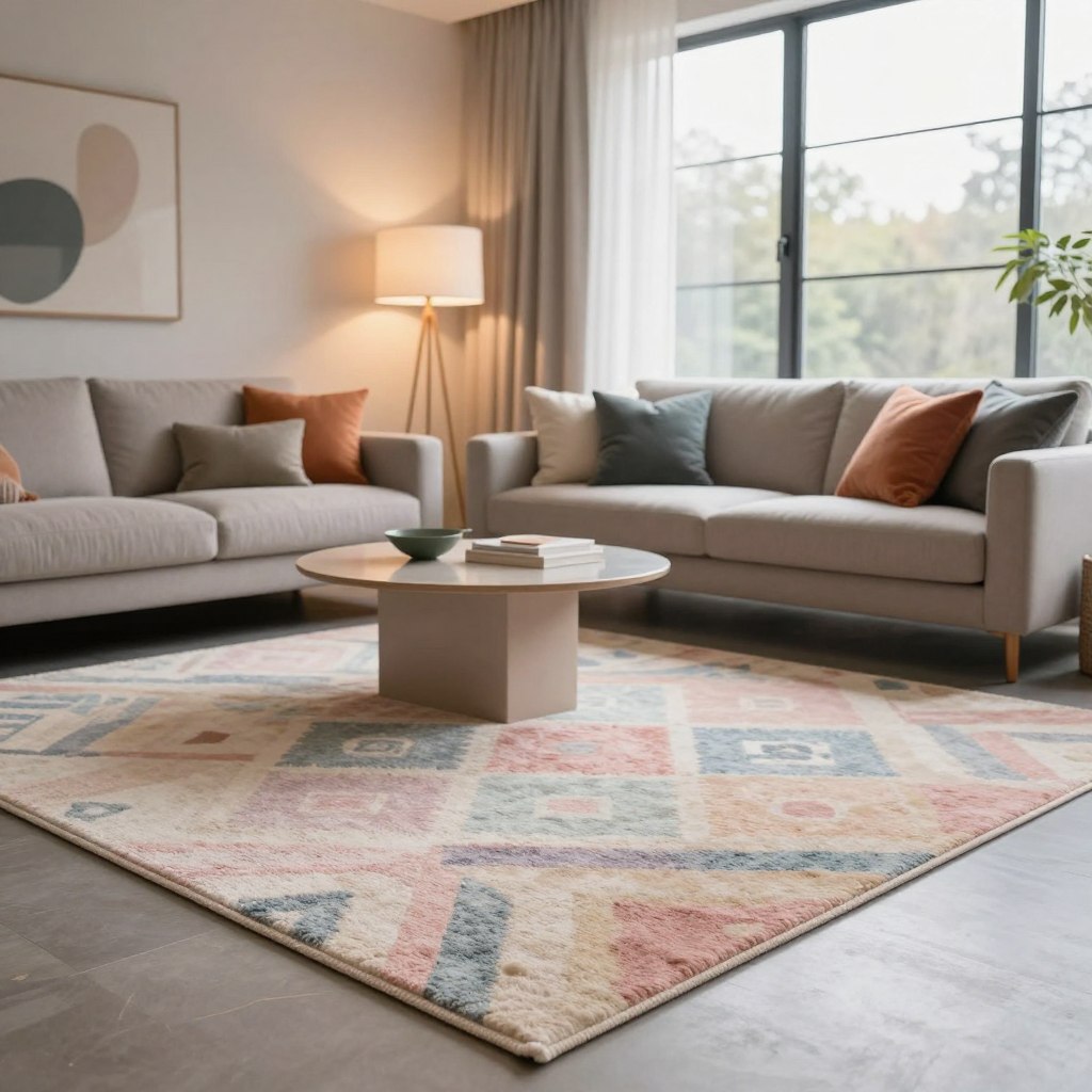 A stylish living room interior showcasing the latest American rug trends for 2022. In the foreground, a plush, geometrically patterned area rug in soft pastel hues enhances the elegance of the space. The middle ground features a modern sofa adorned with colorful throw pillows, complemented by a minimalistic coffee table and a stylish floor lamp casting warm, inviting light. In the background, large windows draped with sheer curtains allow natural sunlight to flood the room, highlighting the textures of the furniture and floors. The scene conveys a cozy and sophisticated atmosphere, perfect for showcasing contemporary design elements. Use a soft focus lens effect to create a dreamy ambiance while keeping the main elements sharp. A stylish living room interior showcasing the latest American rug trends for 2022. In the foreground, a plush, geometrically patterned area rug in soft pastel hues enhances the elegance of the space. The middle ground features a modern sofa adorned with colorful throw pillows, complemented by a minimalistic coffee table and a stylish floor lamp casting warm, inviting light. In the background, large windows draped with sheer curtains allow natural sunlight to flood the room, highlighting the textures of the furniture and floors. The scene conveys a cozy and sophisticated atmosphere, perfect for showcasing contemporary design elements. Use a soft focus lens effect to create a dreamy ambiance while keeping the main elements sharp.