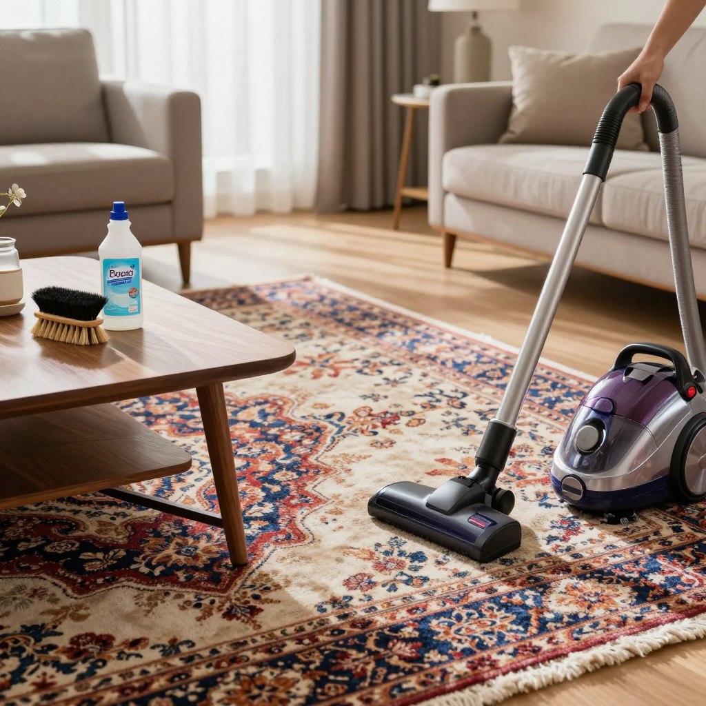 A stylish living room scene featuring essential rug care and maintenance accessories. In the foreground, a wooden coffee table with rug cleaning brushes, a bottle of rug cleaner, and a vacuum cleaner poised for use. The middle ground showcases a plush area rug with intricate patterns, slightly worn but vibrant in color, indicating regular maintenance. In the background, a well-decorated living room with soft natural lighting filtering through sheer curtains, creating a warm, inviting atmosphere. A neutral color palette with elegant furniture accentuates the rug’s beauty. The image should evoke a sense of harmony and organization, highlighting the importance of proper rug care for optimal performance. No text or additional distractions are included. A stylish living room scene featuring essential rug care and maintenance accessories. In the foreground, a wooden coffee table with rug cleaning brushes, a bottle of rug cleaner, and a vacuum cleaner poised for use. The middle ground showcases a plush area rug with intricate patterns, slightly worn but vibrant in color, indicating regular maintenance. In the background, a well-decorated living room with soft natural lighting filtering through sheer curtains, creating a warm, inviting atmosphere. A neutral color palette with elegant furniture accentuates the rug’s beauty. The image should evoke a sense of harmony and organization, highlighting the importance of proper rug care for optimal performance. No text or additional distractions are included.