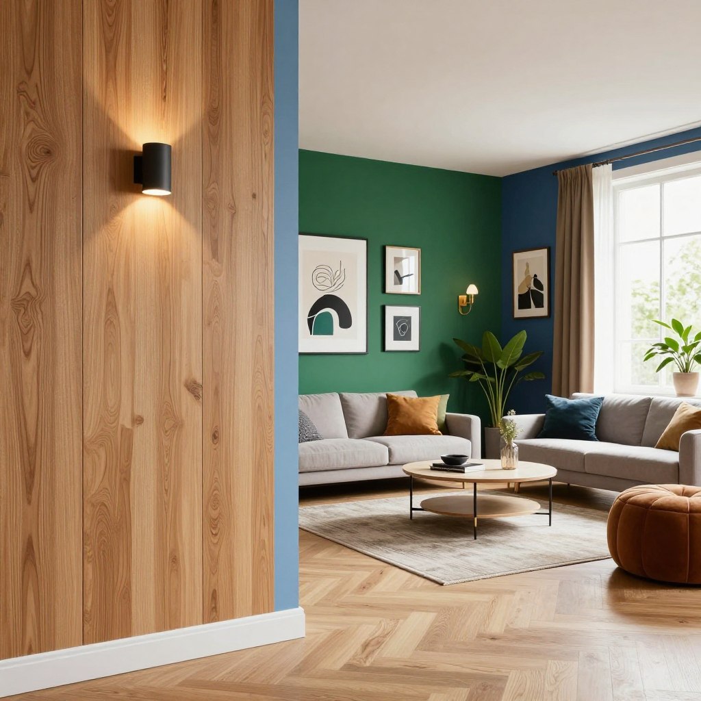 A stylish living room showcasing a variety of modern accent wall ideas for transformation. In the foreground, a bright, inviting space features one prominent accent wall with textured wood paneling, a soft blue hue contrasting the warm tones. The middle area reveals additional walls painted in bold colors, such as deep green and rich navy, accented with decorative artwork and placed sconces creating cozy lighting. The background captures a well-coordinated furniture arrangement, including a sleek sofa and a contemporary coffee table, with indoor plants adding vibrancy. The scene is illuminated by soft, natural light streaming through a large window, enhancing the inviting atmosphere. The overall mood is modern, warm, and inspiring for anyone seeking to enhance their living room's aesthetic. A stylish living room showcasing a variety of modern accent wall ideas for transformation. In the foreground, a bright, inviting space features one prominent accent wall with textured wood paneling, a soft blue hue contrasting the warm tones. The middle area reveals additional walls painted in bold colors, such as deep green and rich navy, accented with decorative artwork and placed sconces creating cozy lighting. The background captures a well-coordinated furniture arrangement, including a sleek sofa and a contemporary coffee table, with indoor plants adding vibrancy. The scene is illuminated by soft, natural light streaming through a large window, enhancing the inviting atmosphere. The overall mood is modern, warm, and inspiring for anyone seeking to enhance their living room's aesthetic.