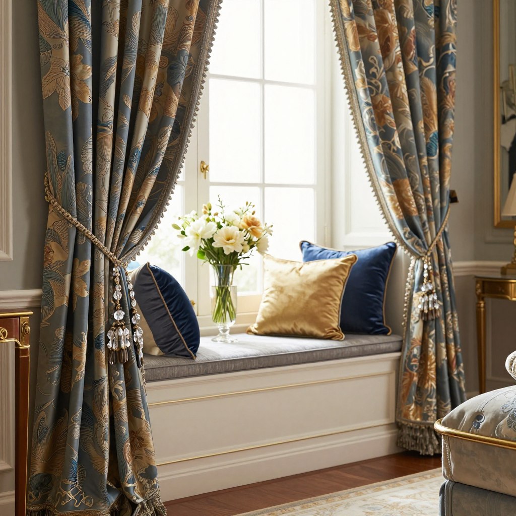 A stylish living room showcasing luxury window decor accessories that transform the space into an elegant retreat. In the foreground, a set of opulent drapes with intricate patterns and rich fabrics cascade gracefully alongside sparkling crystal curtain tiebacks. The middle ground features a chic window seat adorned with plush cushions, reflecting a palette of deep blues and golds, accentuated by a decorative vase filled with fresh flowers. In the background, soft, natural light floods the room through the window, highlighting the elegant furnishings and warm wood accents. The atmosphere is sophisticated yet inviting, evoking a sense of calm and refinement. The composition should be shot from a slightly elevated angle using soft focus to enhance the luxurious feel. A stylish living room showcasing luxury window decor accessories that transform the space into an elegant retreat. In the foreground, a set of opulent drapes with intricate patterns and rich fabrics cascade gracefully alongside sparkling crystal curtain tiebacks. The middle ground features a chic window seat adorned with plush cushions, reflecting a palette of deep blues and golds, accentuated by a decorative vase filled with fresh flowers. In the background, soft, natural light floods the room through the window, highlighting the elegant furnishings and warm wood accents. The atmosphere is sophisticated yet inviting, evoking a sense of calm and refinement. The composition should be shot from a slightly elevated angle using soft focus to enhance the luxurious feel.