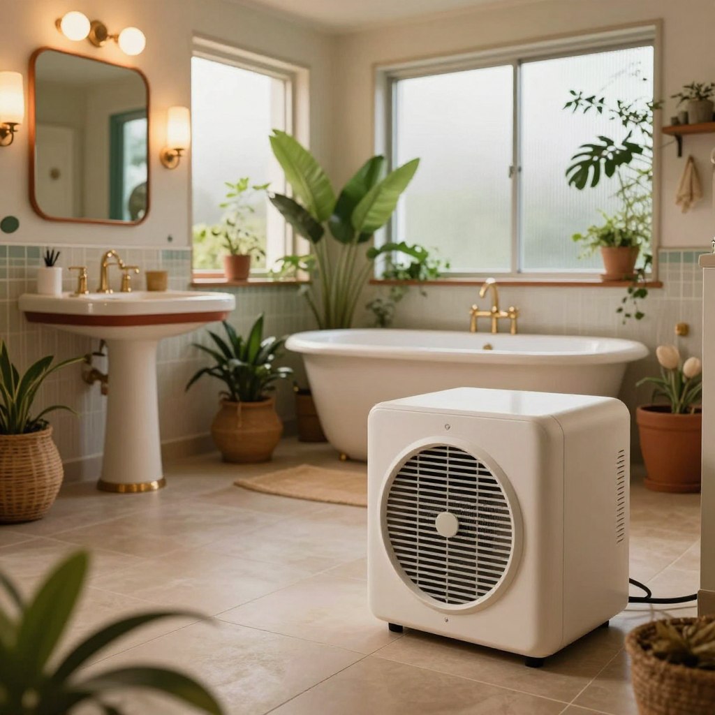 A stylish mid-century bathroom featuring smart ventilation technology seamlessly integrated into the design. In the foreground, showcase a sleek, modern ventilation unit with minimalist aesthetics, textured materials, and a touch of retro flair, like soft curves or warm colors. The middle ground includes elegant fixtures such as a vintage-inspired sink and a freestanding bathtub, surrounded by lush greenery to promote fresh air. In the background, large frosted windows allow soft, natural light to filter in, enhancing the calming atmosphere. Use a wide-angle perspective to capture the entire scene, emphasizing the harmony between vintage decor and high-tech appliances. Illuminate the space with warm lighting to create a welcoming, sophisticated ambiance. The overall mood should evoke a sense of modern tranquility fused with mid-century charm. A stylish mid-century bathroom featuring smart ventilation technology seamlessly integrated into the design. In the foreground, showcase a sleek, modern ventilation unit with minimalist aesthetics, textured materials, and a touch of retro flair, like soft curves or warm colors. The middle ground includes elegant fixtures such as a vintage-inspired sink and a freestanding bathtub, surrounded by lush greenery to promote fresh air. In the background, large frosted windows allow soft, natural light to filter in, enhancing the calming atmosphere. Use a wide-angle perspective to capture the entire scene, emphasizing the harmony between vintage decor and high-tech appliances. Illuminate the space with warm lighting to create a welcoming, sophisticated ambiance. The overall mood should evoke a sense of modern tranquility fused with mid-century charm.