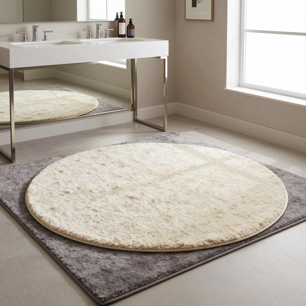 A stylish, modern bathroom featuring a monochromatic layered rug approach. In the foreground, a plush, cream-colored circular rug layered atop a slightly larger, darker grey rectangular rug, creating visual interest and depth. The middle space showcases a sleek vanity with polished metal fixtures and a large mirror reflecting the rugs. The background has soft, neutral-colored walls with subtle textures, tastefully adorned with minimalistic art. The lighting is bright and airy, coming from a large window, casting gentle shadows that highlight the rug's texture. The overall atmosphere conveys warmth and sophistication, perfect for a small but elegantly designed bathroom setting. A stylish, modern bathroom featuring a monochromatic layered rug approach. In the foreground, a plush, cream-colored circular rug layered atop a slightly larger, darker grey rectangular rug, creating visual interest and depth. The middle space showcases a sleek vanity with polished metal fixtures and a large mirror reflecting the rugs. The background has soft, neutral-colored walls with subtle textures, tastefully adorned with minimalistic art. The lighting is bright and airy, coming from a large window, casting gentle shadows that highlight the rug's texture. The overall atmosphere conveys warmth and sophistication, perfect for a small but elegantly designed bathroom setting.