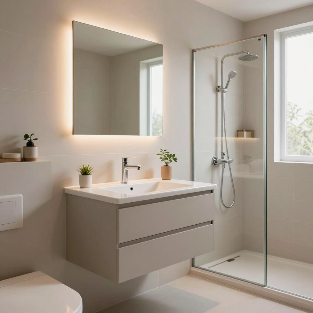 A stylish, modern bathroom featuring elegant wall-mounted fixtures such as a sleek vanity and minimalist faucet, designed to save floor space. In the foreground, showcase a close-up of the vanity with a pristine white countertop and a small decorative plant. The middle ground reveals a chic mirror above the vanity, reflecting soft, warm lighting that creates an inviting atmosphere. The background reveals a compact yet stylish shower with glass walls and contemporary tiles, completing the look of the ergonomic space. Use natural lighting from a nearby window to enhance the bright, airy feel of the room. The overall mood is one of tranquility and modern sophistication, perfect for maximizing style in small areas. A stylish, modern bathroom featuring elegant wall-mounted fixtures such as a sleek vanity and minimalist faucet, designed to save floor space. In the foreground, showcase a close-up of the vanity with a pristine white countertop and a small decorative plant. The middle ground reveals a chic mirror above the vanity, reflecting soft, warm lighting that creates an inviting atmosphere. The background reveals a compact yet stylish shower with glass walls and contemporary tiles, completing the look of the ergonomic space. Use natural lighting from a nearby window to enhance the bright, airy feel of the room. The overall mood is one of tranquility and modern sophistication, perfect for maximizing style in small areas.
