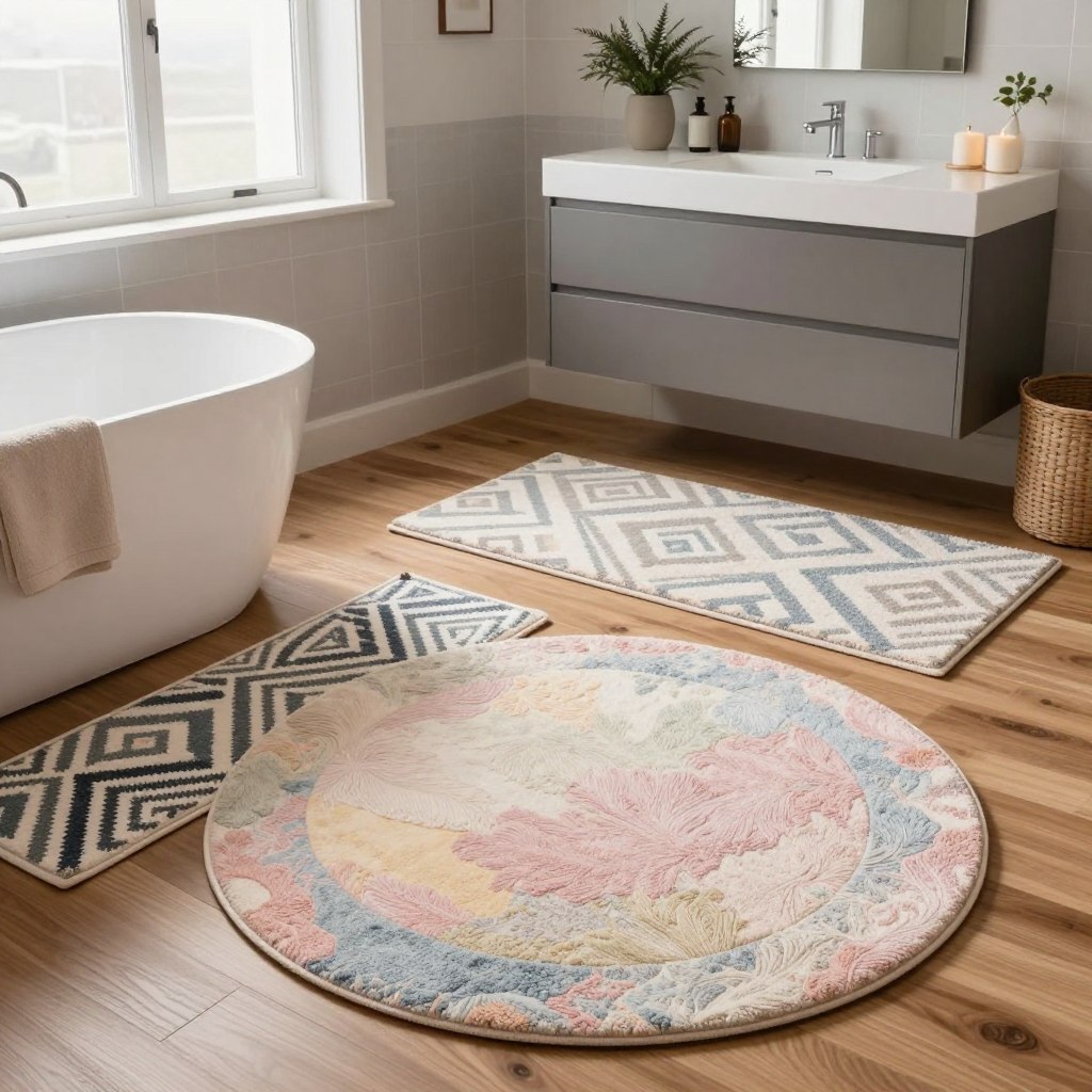 A stylish modern bathroom showcasing reversible cotton rugs in various patterns and colors laid on a sleek wooden floor. In the foreground, a round rug in soft pastels contrasts with a geometric-patterned runner beside a bathtub. The middle ground highlights a contemporary vanity with a stylish mirror above, featuring elegant decor items like plants and candles. Soft natural light filters through a frosted window, creating a warm and inviting ambiance. The background shows tasteful bathroom tiles, complementing the overall color scheme, enhancing the versatility of the rugs. The scene conveys a tranquil, cozy atmosphere, perfect for small spaces. Capture the composition from a slightly elevated angle to emphasize the rugs' textures and patterns clearly. A stylish modern bathroom showcasing reversible cotton rugs in various patterns and colors laid on a sleek wooden floor. In the foreground, a round rug in soft pastels contrasts with a geometric-patterned runner beside a bathtub. The middle ground highlights a contemporary vanity with a stylish mirror above, featuring elegant decor items like plants and candles. Soft natural light filters through a frosted window, creating a warm and inviting ambiance. The background shows tasteful bathroom tiles, complementing the overall color scheme, enhancing the versatility of the rugs. The scene conveys a tranquil, cozy atmosphere, perfect for small spaces. Capture the composition from a slightly elevated angle to emphasize the rugs' textures and patterns clearly.
