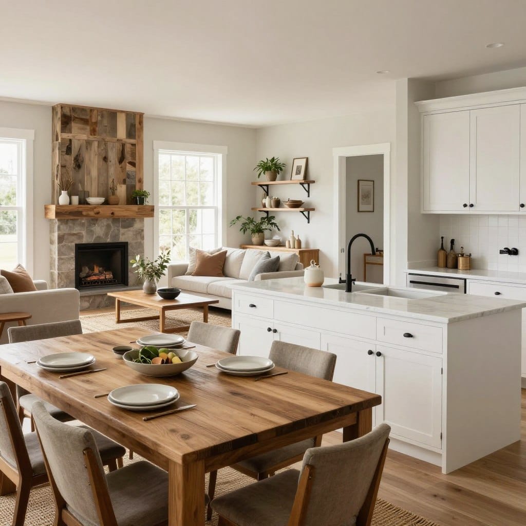 A stylish modern farmhouse open concept kitchen and living room, featuring a spacious kitchen island with elegant white cabinets and quartz countertops. In the foreground, a rustic wooden dining table set with simple ceramic dishes, surrounded by comfortable farmhouse-style chairs. The middle ground showcases a cozy living area with a large sectional sofa adorned with soft pillows, a woven area rug, and a statement fireplace framed by reclaimed wood. Bright natural light streams through large windows, enhancing the airy atmosphere. In the background, light neutral walls and decorative open shelving display plants and tasteful decor, creating a warm and inviting ambiance. Captured from a slightly elevated angle to showcase the layout, with a focus on harmonious blending of modern and rustic elements.