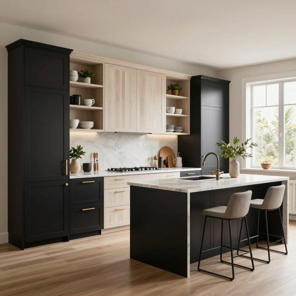 A stylish modern kitchen featuring beautifully designed two-tone cabinets in white oak and black. In the foreground, sleek black cabinet doors contrast elegantly with open white oak shelving, displaying tasteful kitchenware and greenery. The middle ground includes a contemporary kitchen island, topped with a light marble countertop, integrating bar stools in a minimalistic design. The background showcases a well-lit space with large windows allowing natural light to stream in, enhancing the organic feel. Soft, warm lighting creates an inviting atmosphere, emphasizing the textures of the wood. The view is at eye level, framed with a slight angle to capture the depth of the kitchen space, providing a harmonious blend of elegance and comfort.