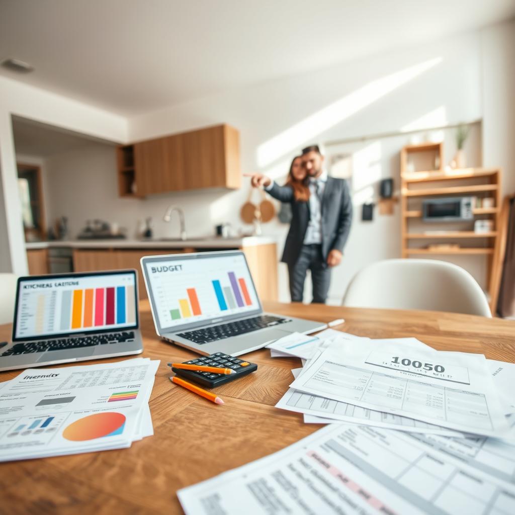 A stylish modern kitchen scene focused on budget planning for a renovation. In the foreground, a wooden dining table cluttered with detailed financial paperwork, a calculator, and a pencil. A laptop displays a color palette for kitchen designs, visibly open to a budgeting spreadsheet. In the middle ground, a couple, dressed in smart casual attire, discusses plans while pointing at a wall with a mood board showcasing materials and layout ideas. The background features an inviting kitchen space with unfinished cabinetry and bare walls, emphasizing the renovation process. Soft, natural lighting streams in through a window, creating a warm, collaborative atmosphere that promotes thoughtful planning. The camera angle is slightly elevated, giving a clear view of the planning details and the couple engaged in discussion. A stylish modern kitchen scene focused on budget planning for a renovation. In the foreground, a wooden dining table cluttered with detailed financial paperwork, a calculator, and a pencil. A laptop displays a color palette for kitchen designs, visibly open to a budgeting spreadsheet. In the middle ground, a couple, dressed in smart casual attire, discusses plans while pointing at a wall with a mood board showcasing materials and layout ideas. The background features an inviting kitchen space with unfinished cabinetry and bare walls, emphasizing the renovation process. Soft, natural lighting streams in through a window, creating a warm, collaborative atmosphere that promotes thoughtful planning. The camera angle is slightly elevated, giving a clear view of the planning details and the couple engaged in discussion.